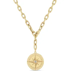 14k Large Compass Medallion Adjustable XL Square Oval Chain Necklace