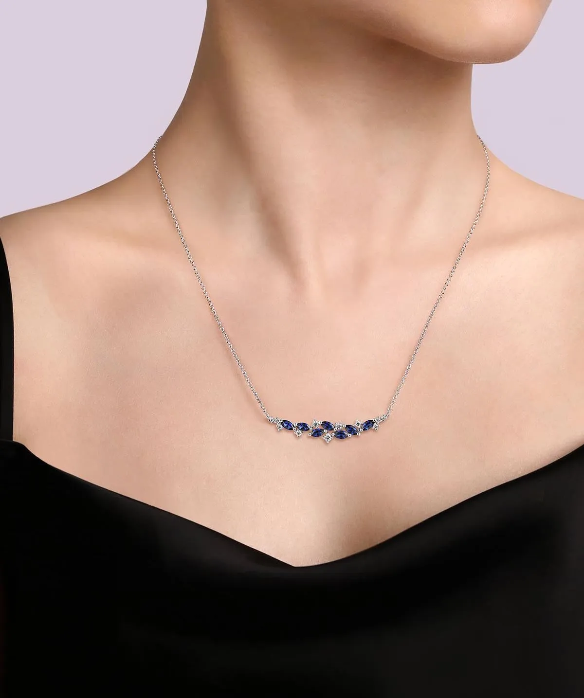 14K White Gold Diamond and Marquise Blue Sapphire Bar Necklace