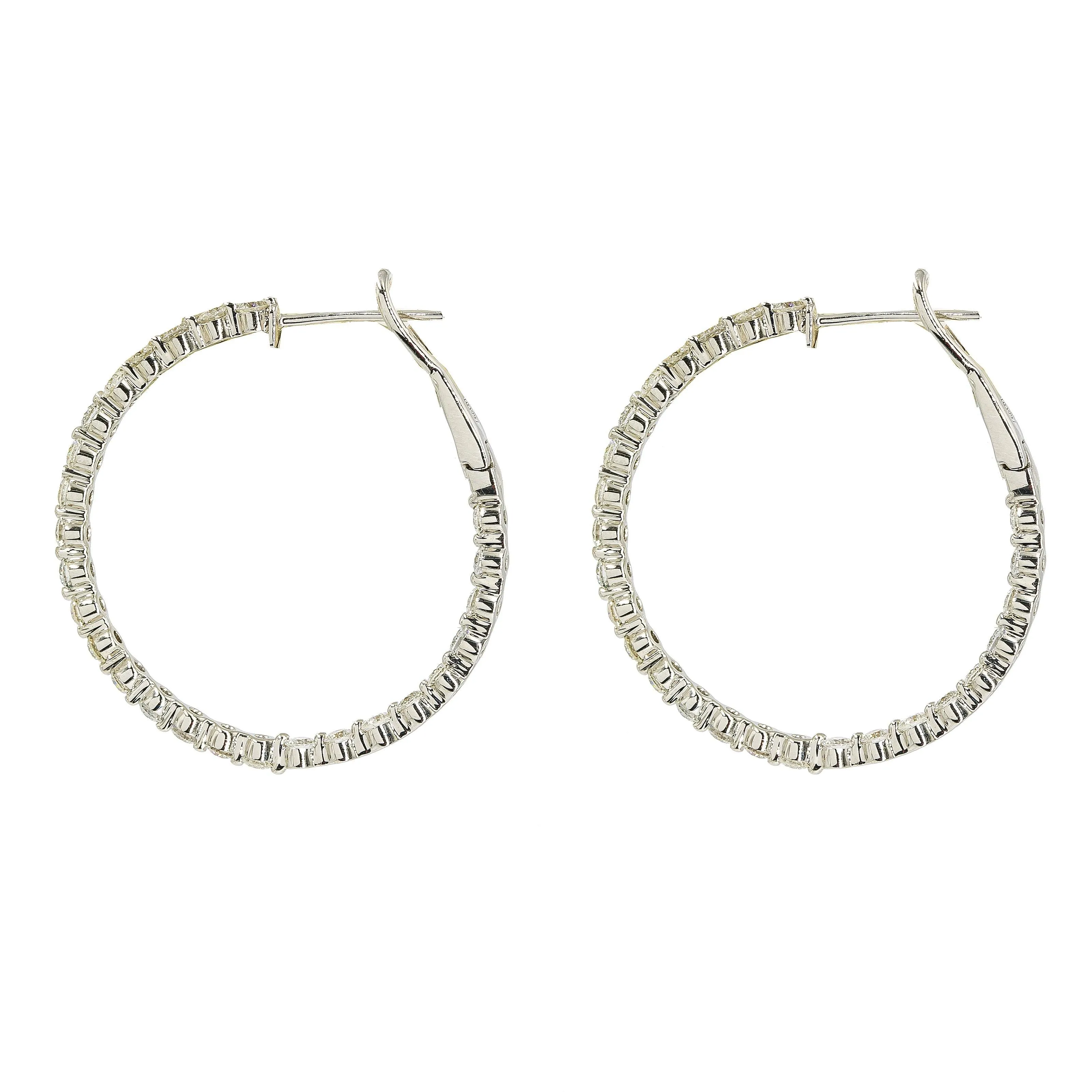 14K White Gold Diamond Hoops W/ 3.2ct Diamonds & Shared Prong Setting