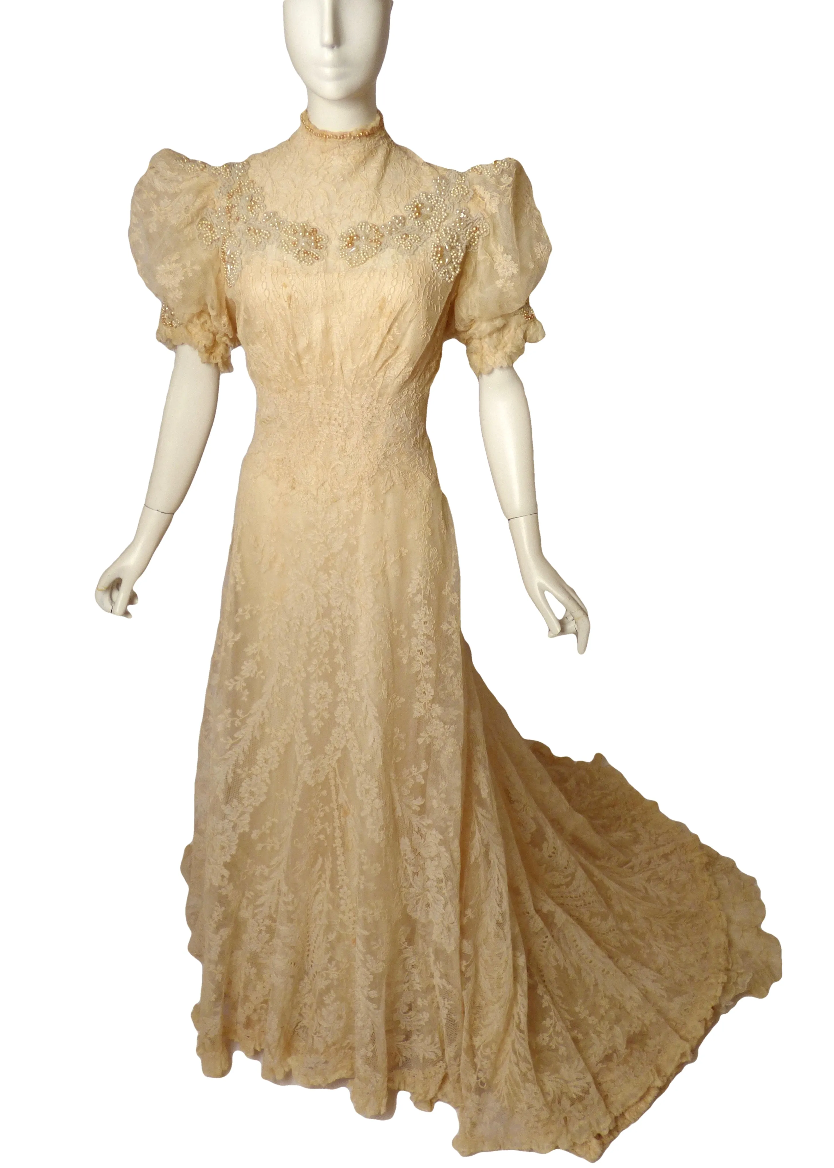 1908 Stunning Ivory Lace Evening Gown, Size-4