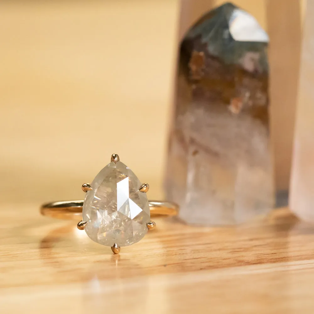 3.48ct Pear Shaped Rosecut Creamy White Diamond in Recycled 18k Yellow Gold Lotus Six Prong Solitaire