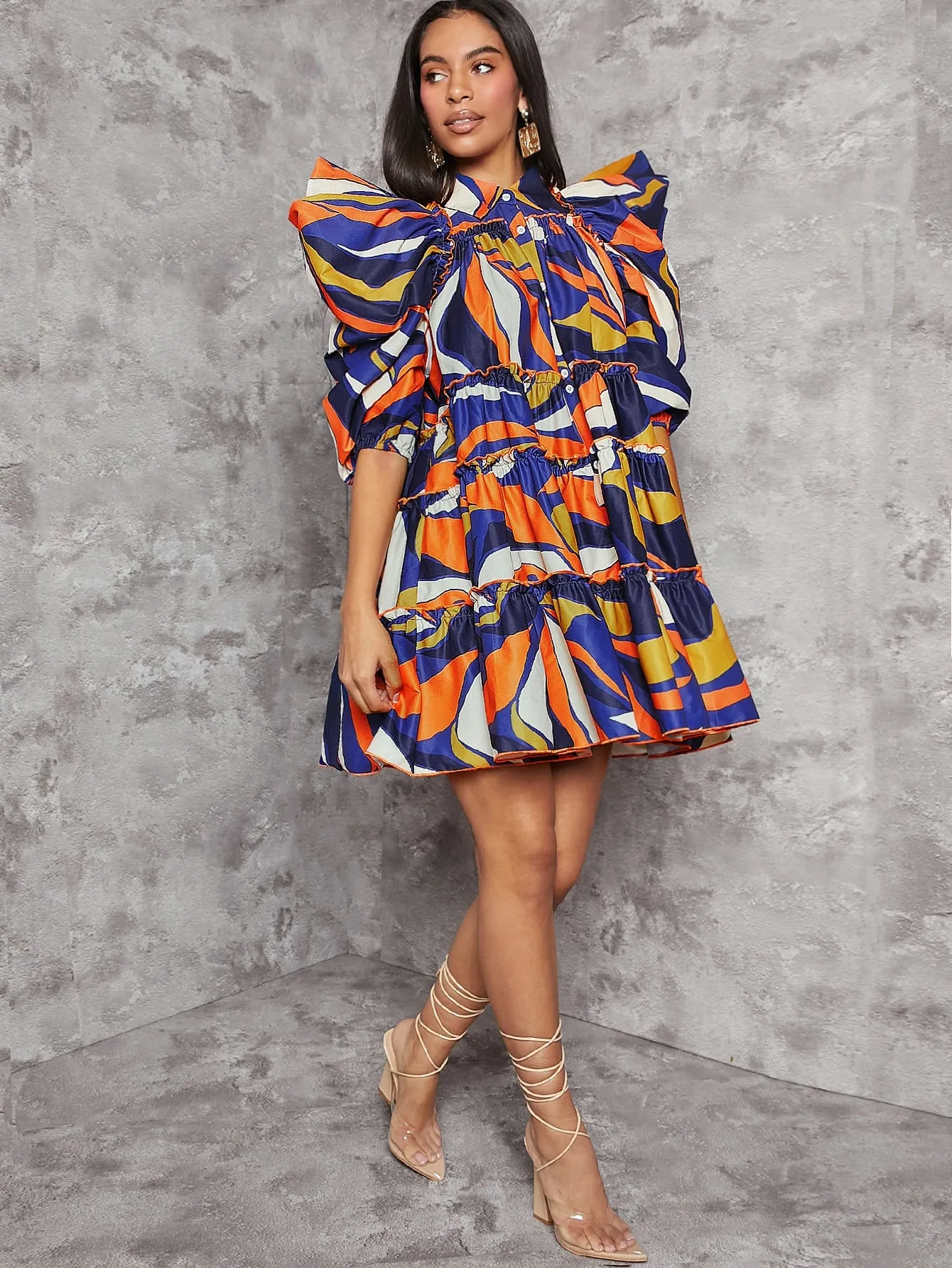 Abstract Colorblock Print Ruffle Dress