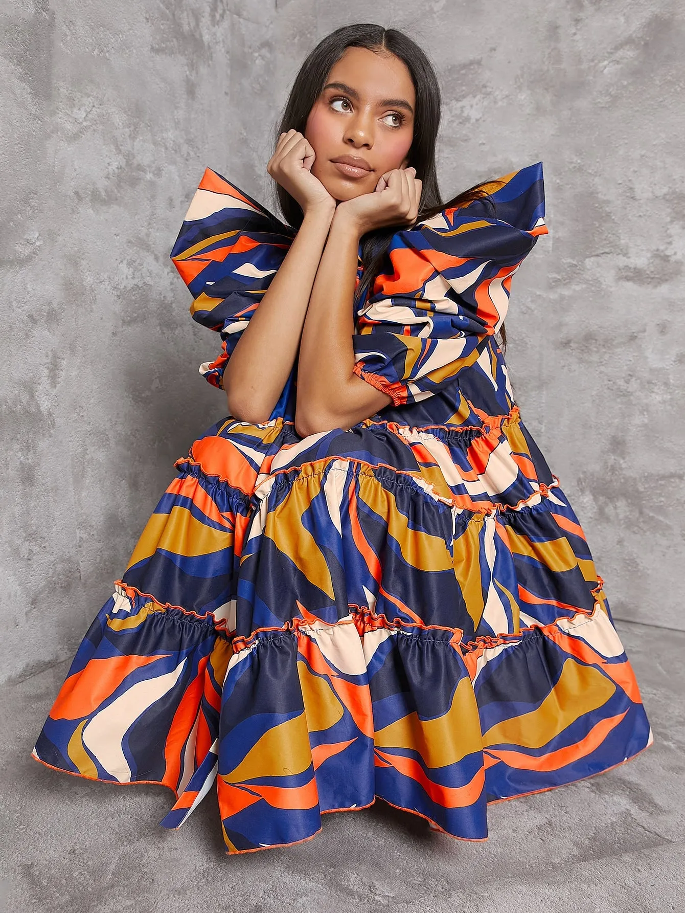 Abstract Colorblock Print Ruffle Dress