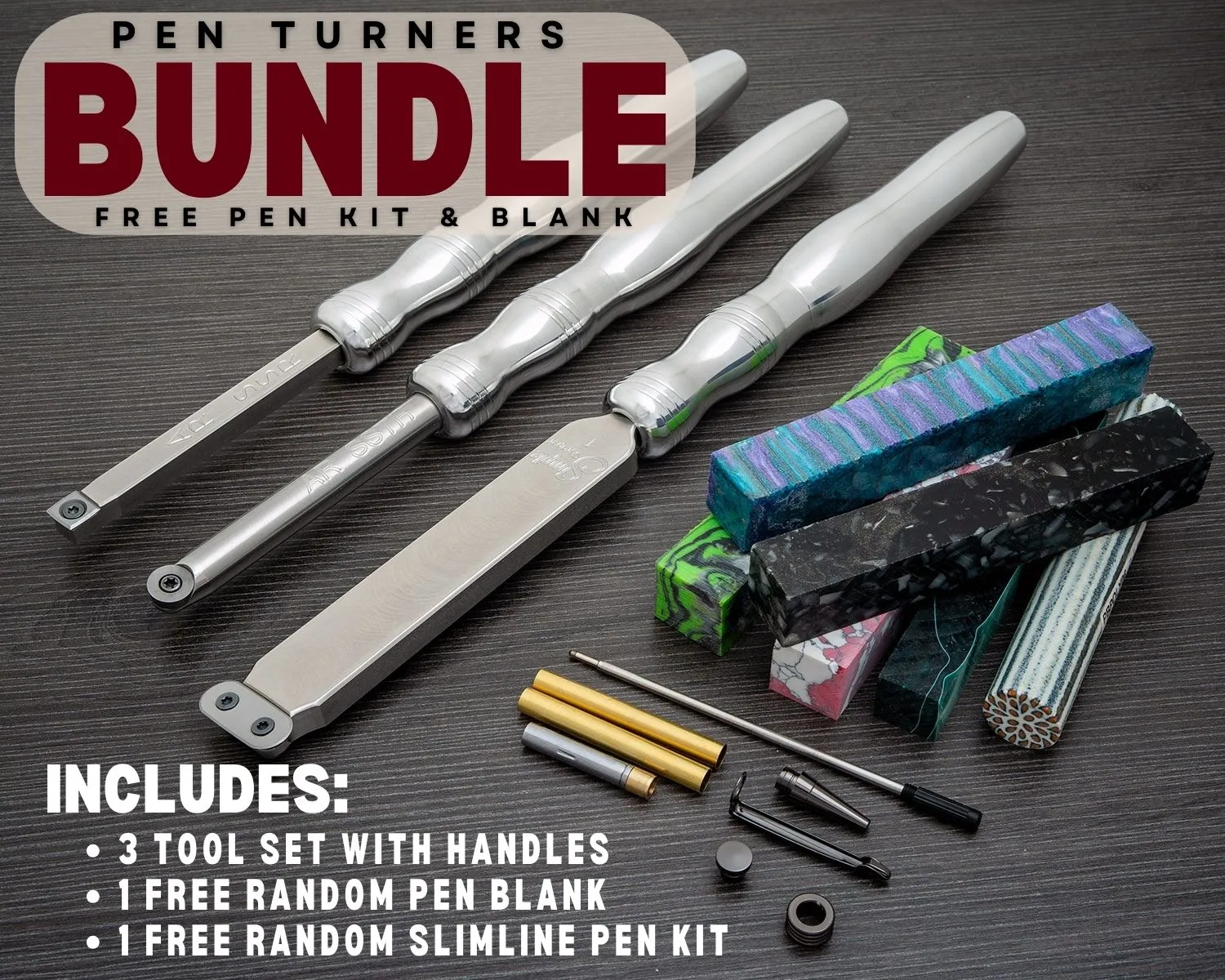 Acrylic Resin Pen Turners 3 Tool Bundle with Negative Rake Scraper, Rougher and Turner - 12 Overall