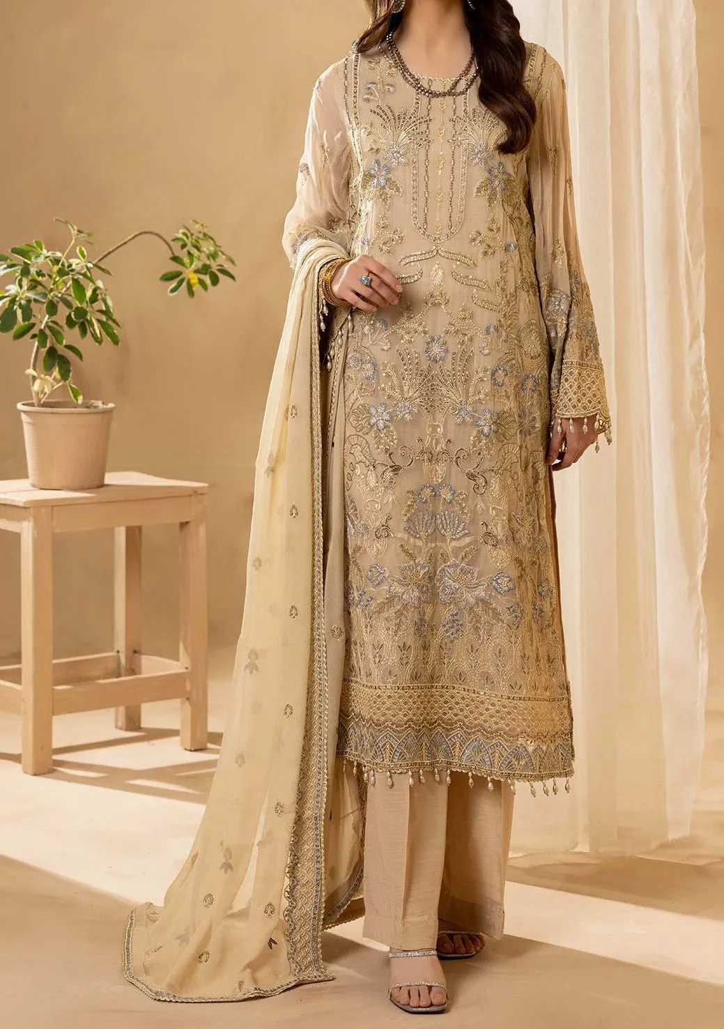 Adan's Libas Pakistani Embroidered Chiffon Dress