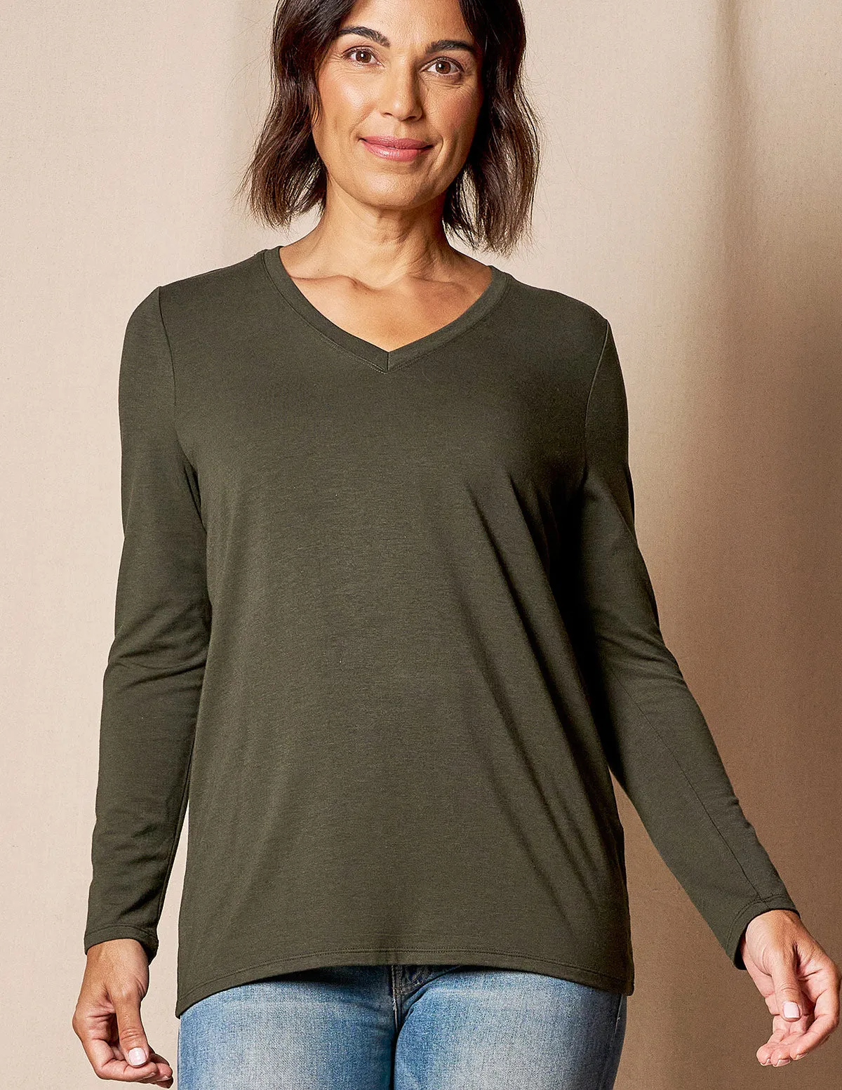 Bamboo / Organic Cotton Long Sleeve V-Neck Tee - Juniper