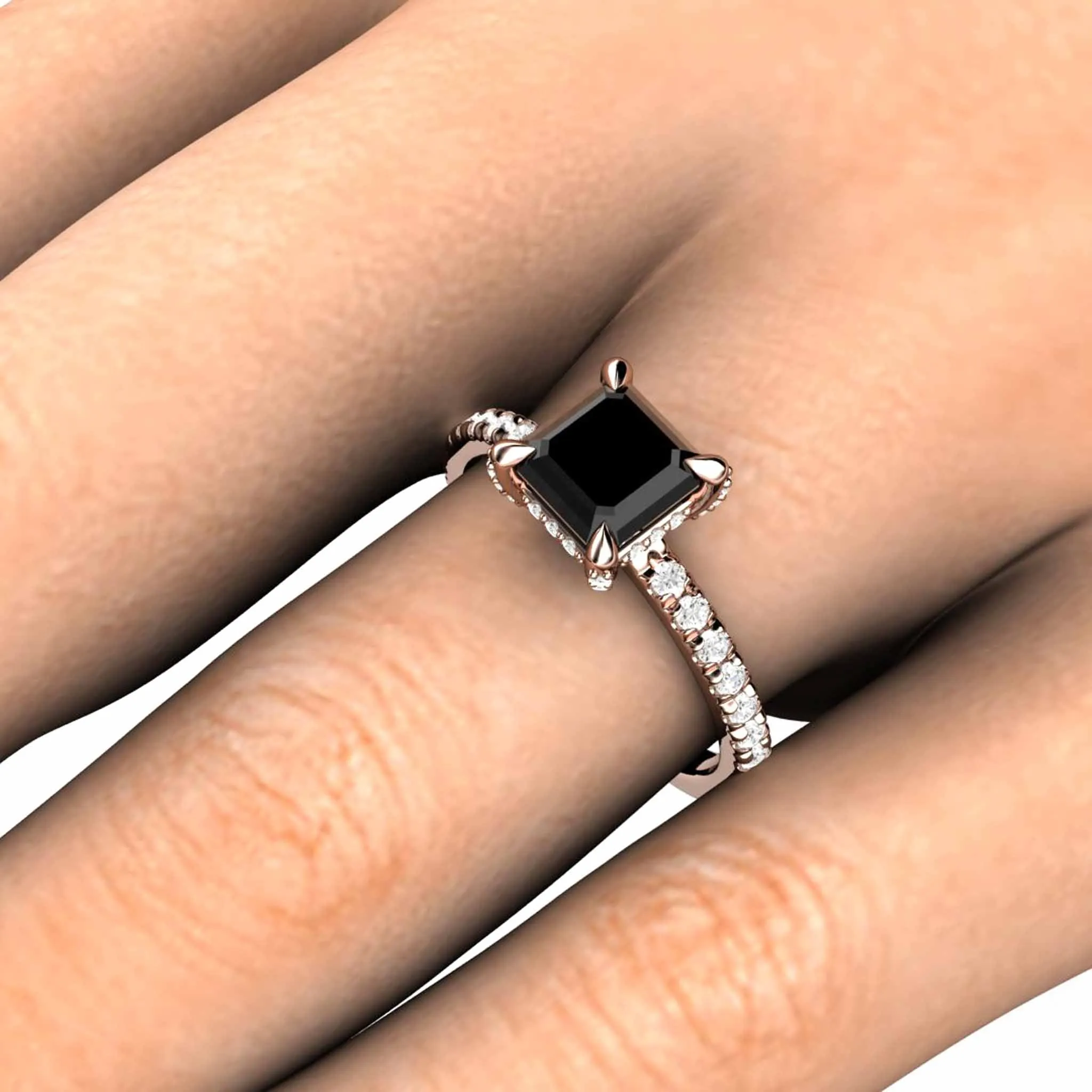 Black Diamond Engagement Ring Princess Cut Square Solitaire Pave Diamonds