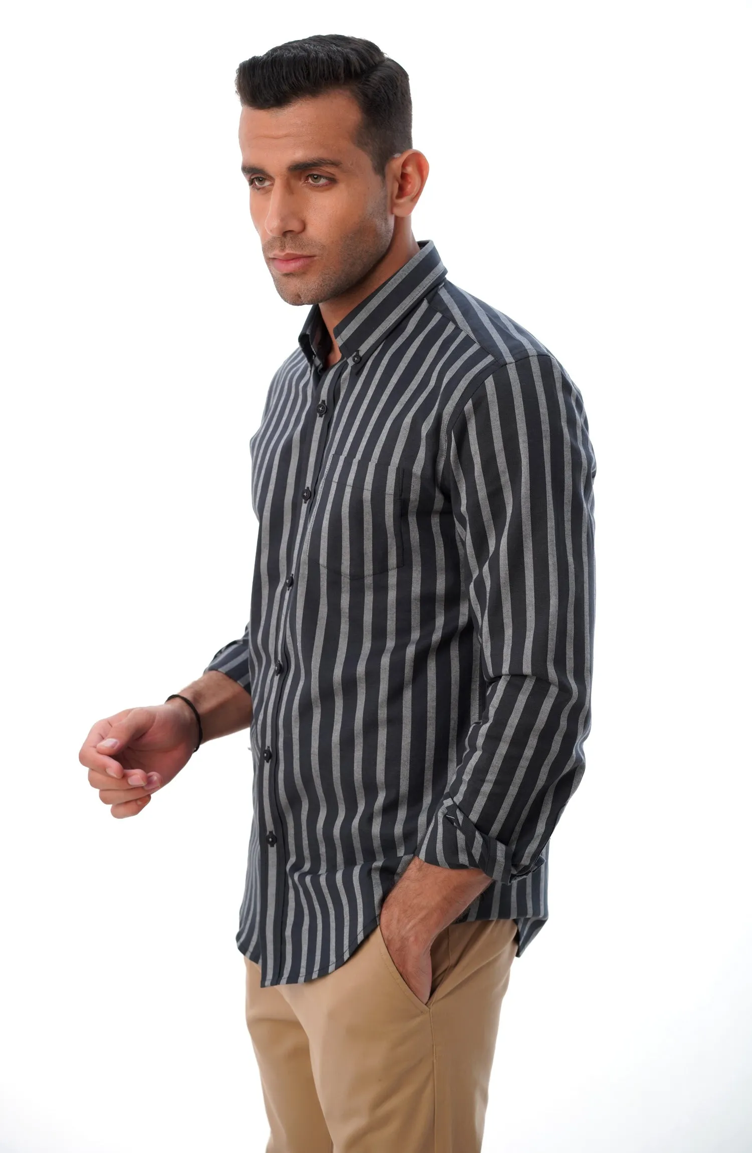 Black Oxford Shirt With Grey Stripes