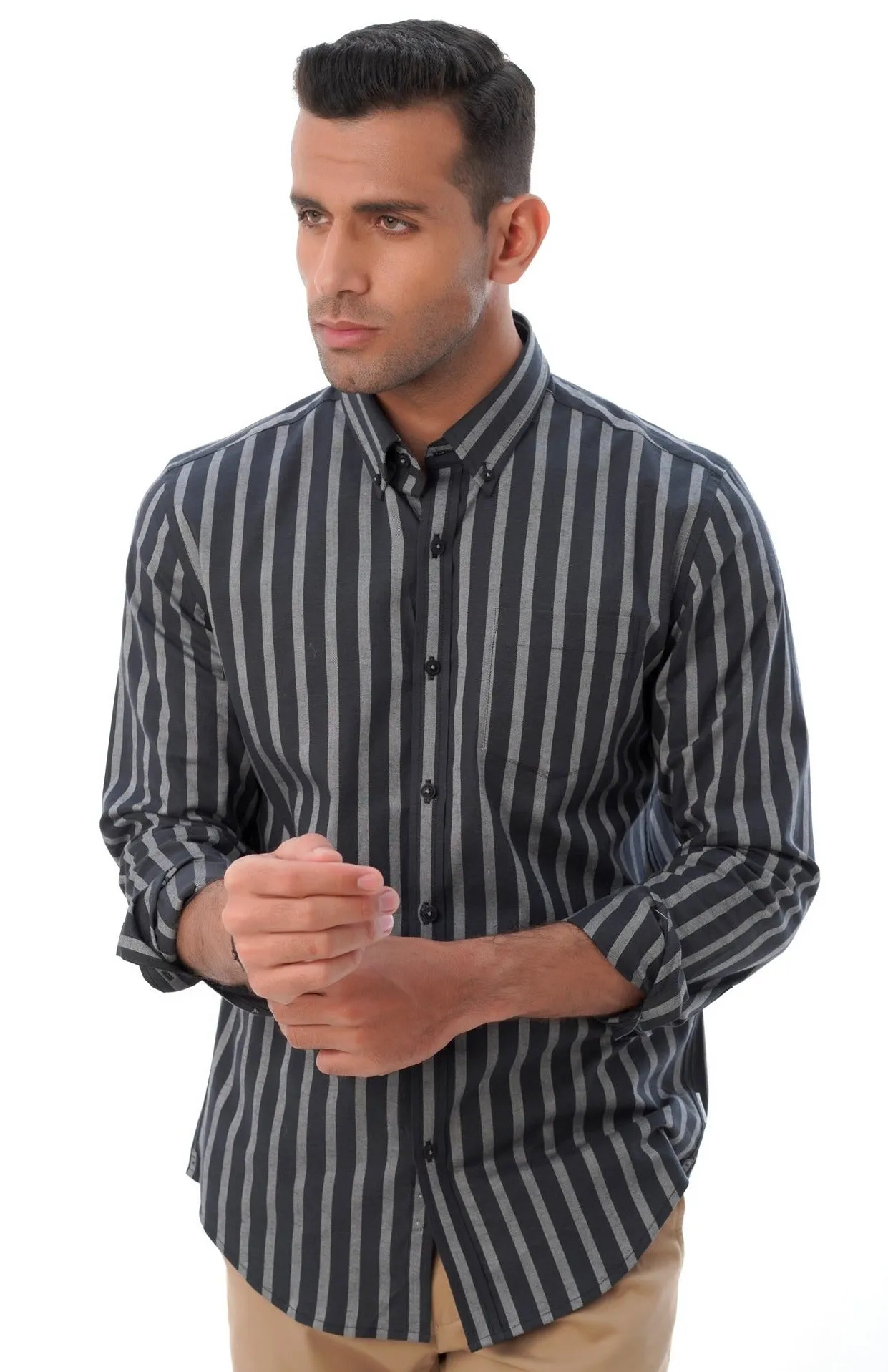 Black Oxford Shirt With Grey Stripes