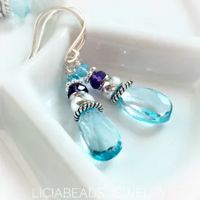 Blue topaz and amethyst briolette earrings on sterling silver hooks