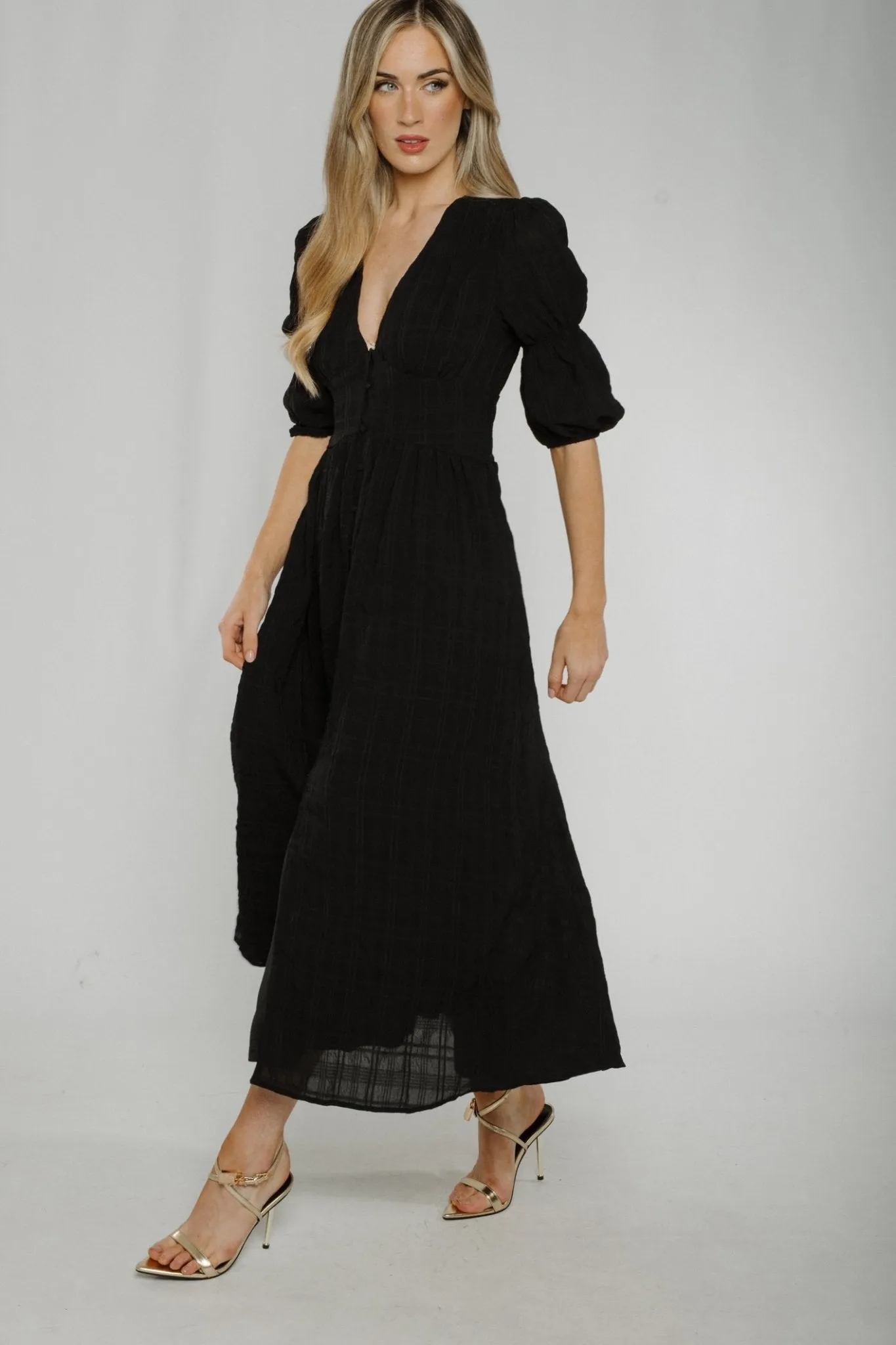 Caitlyn Button Front Midi Dress In Black