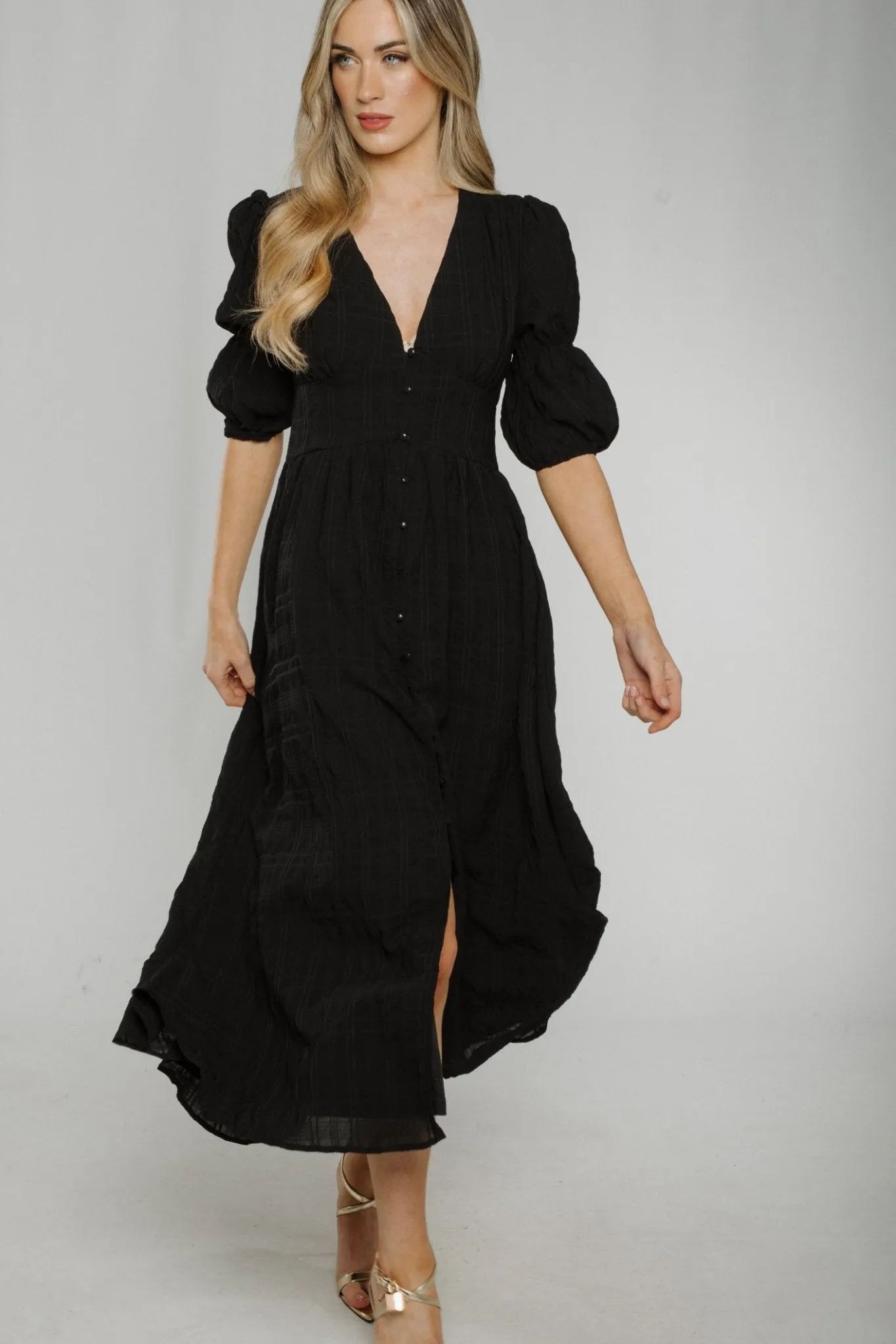 Caitlyn Button Front Midi Dress In Black