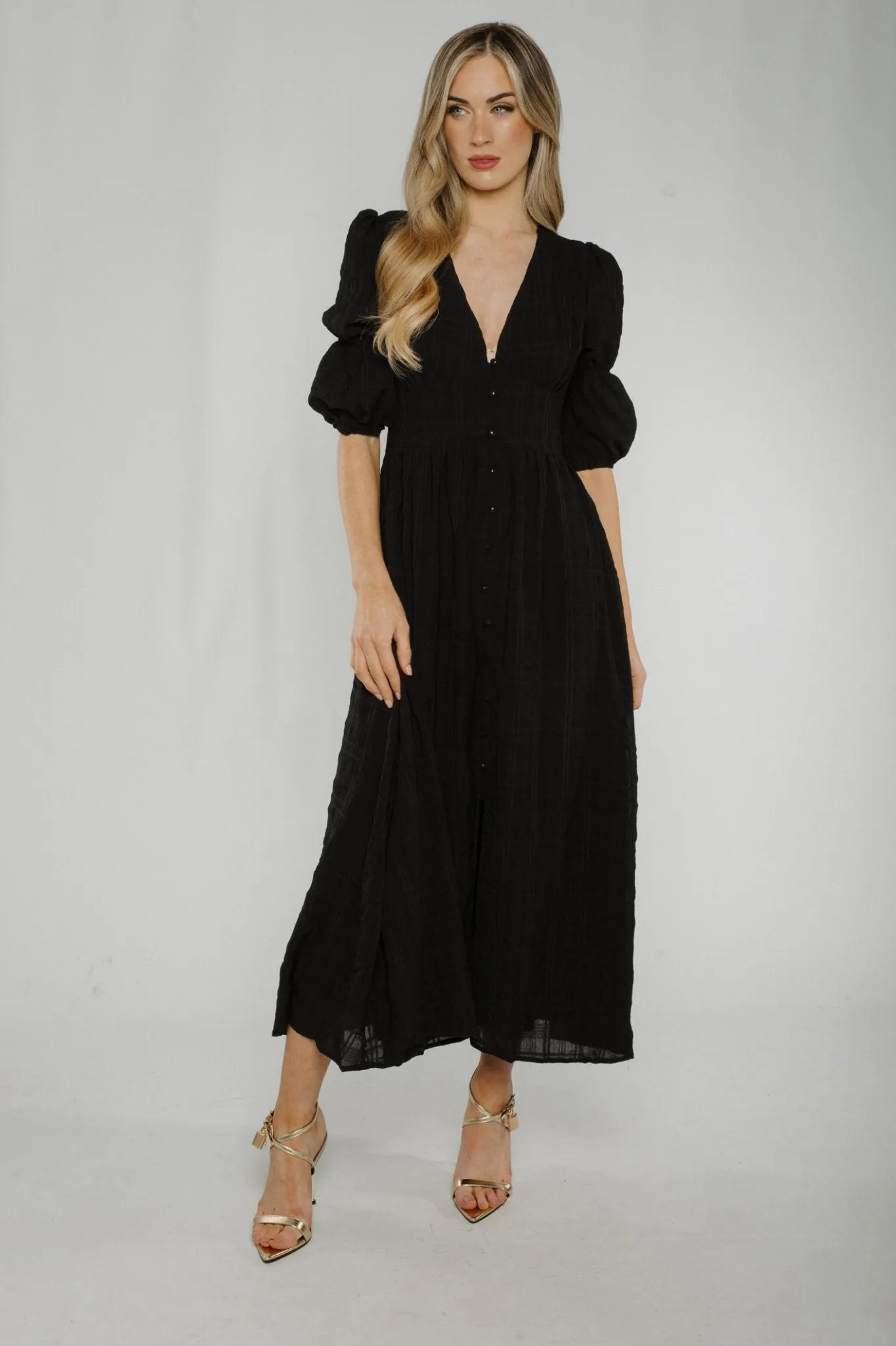 Caitlyn Button Front Midi Dress In Black