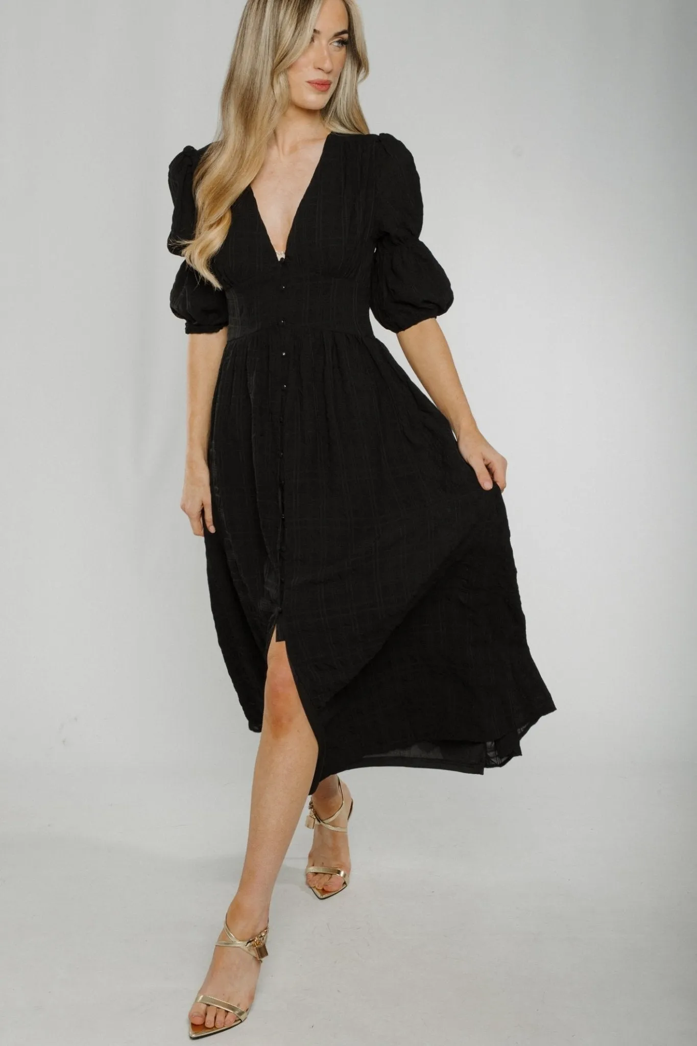 Caitlyn Button Front Midi Dress In Black