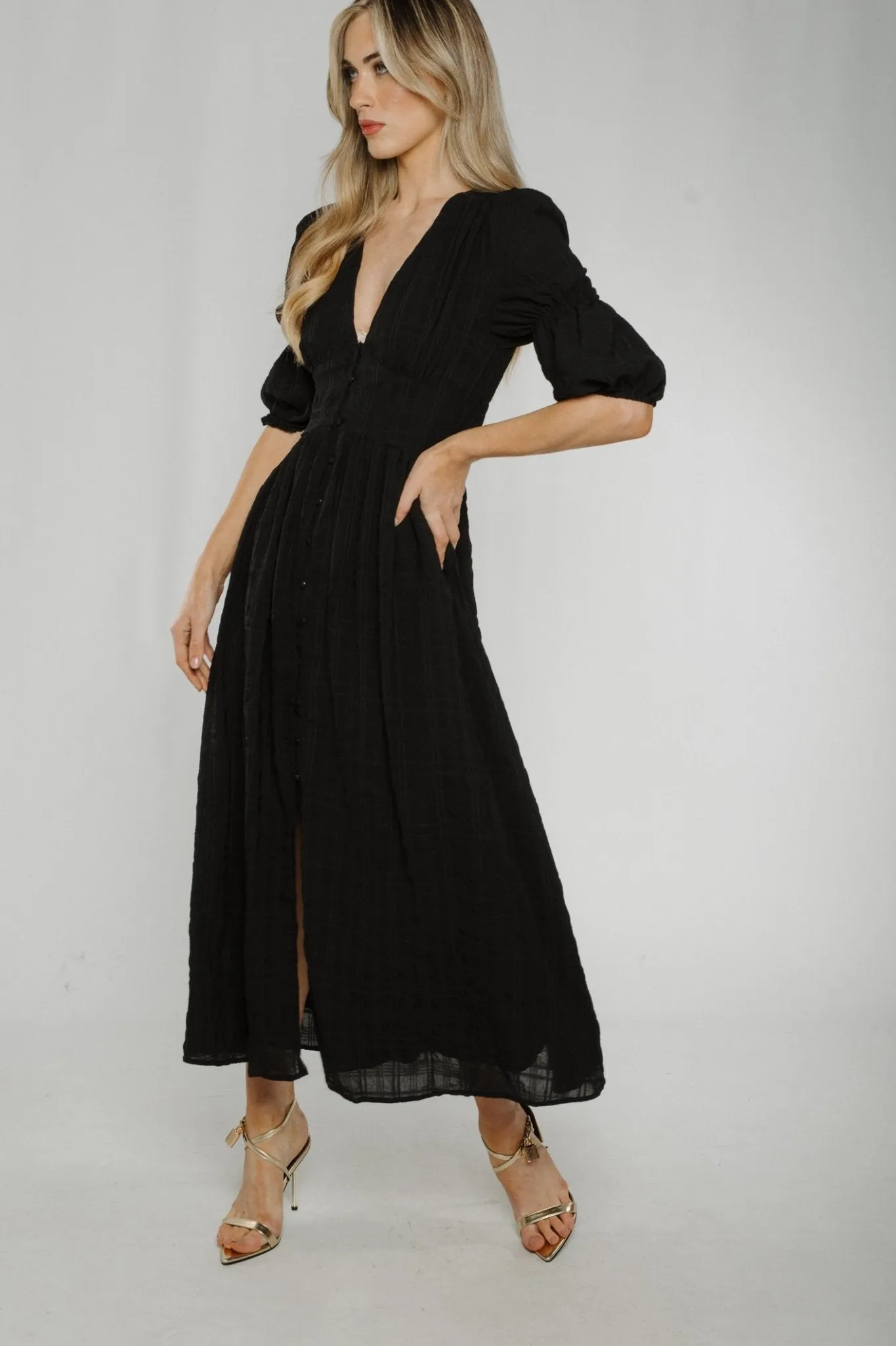 Caitlyn Button Front Midi Dress In Black