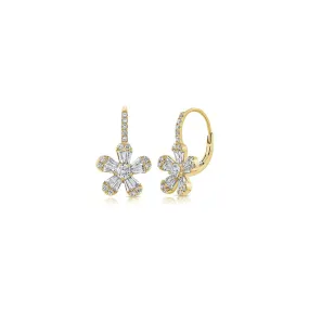 Diamond Flower Leverback Earrings in Yellow Gold