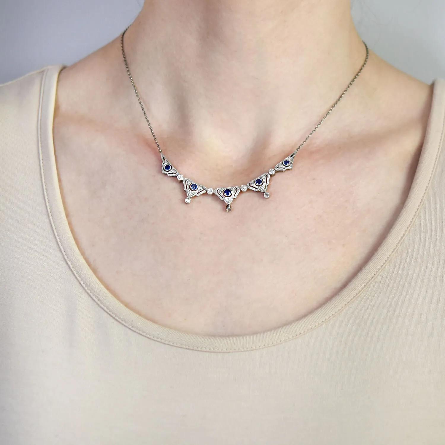 Edwardian Platinum/14kt Diamond   Natural Sapphire Necklace