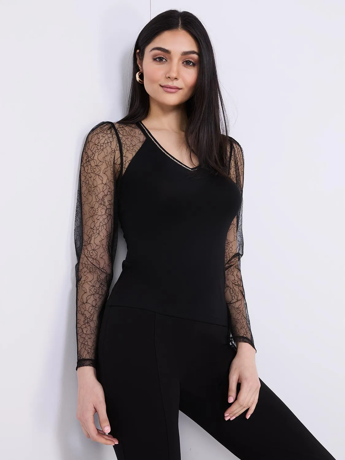 Embroidered Mesh Sleeve V-Neck Top