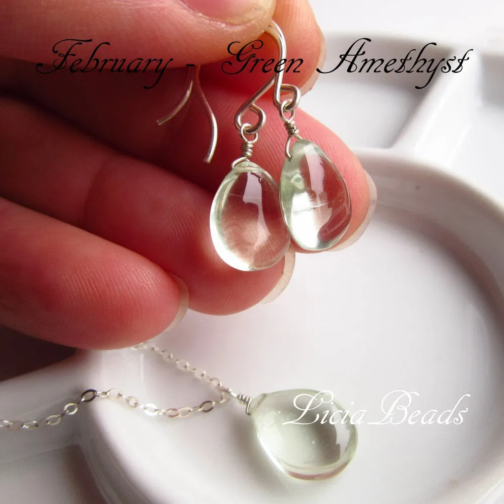 Green Amethyst - February birthstone earring and necklace set on sterling silver, limited supply