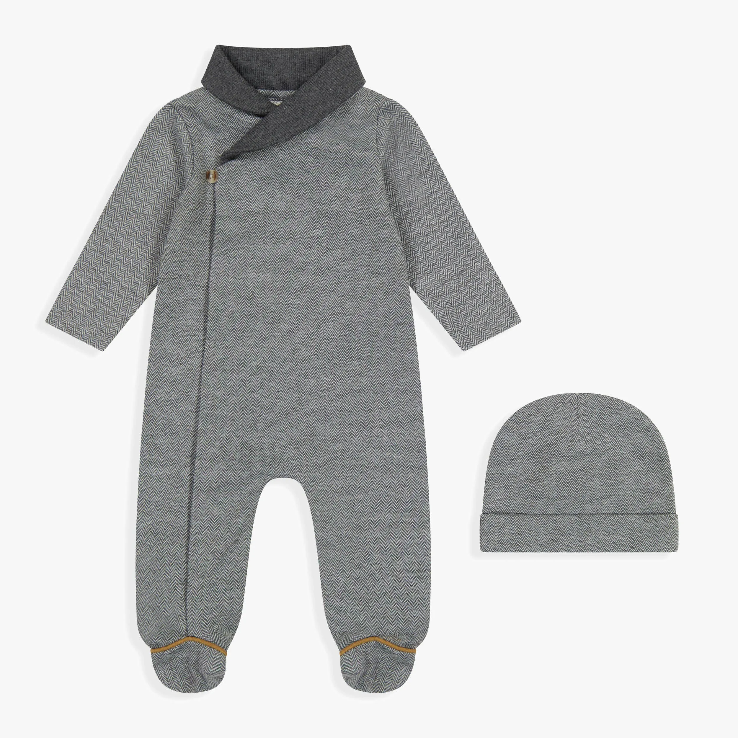 Grey Herringbone Footie & Hat Set