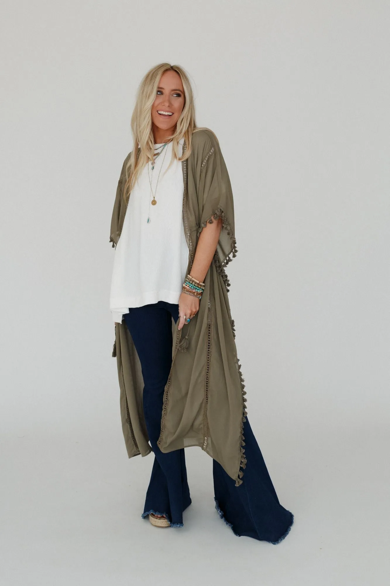 Infinite Sunrise Tassel Tie Kimono - Sage Green