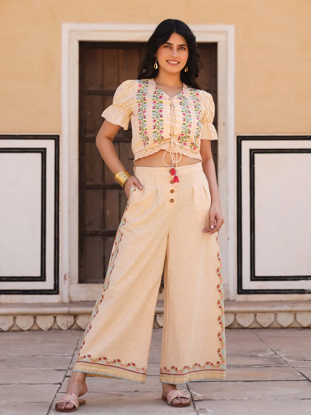 Juniper Beige Floral Printed Pure Cotton Crop Top & Pants With Thread Work Embroidery