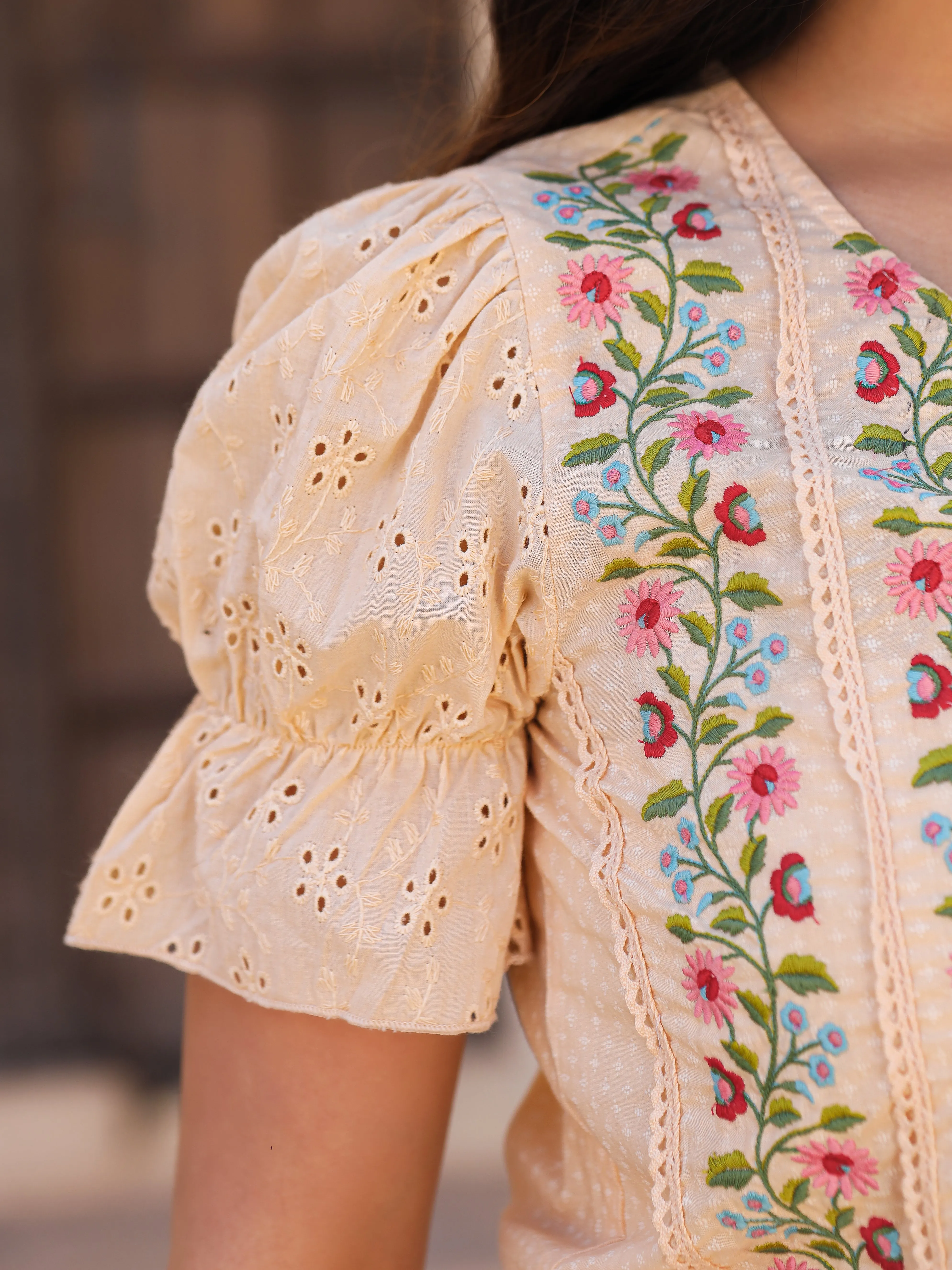 Juniper Beige Floral Printed Pure Cotton Crop Top & Pants With Thread Work Embroidery