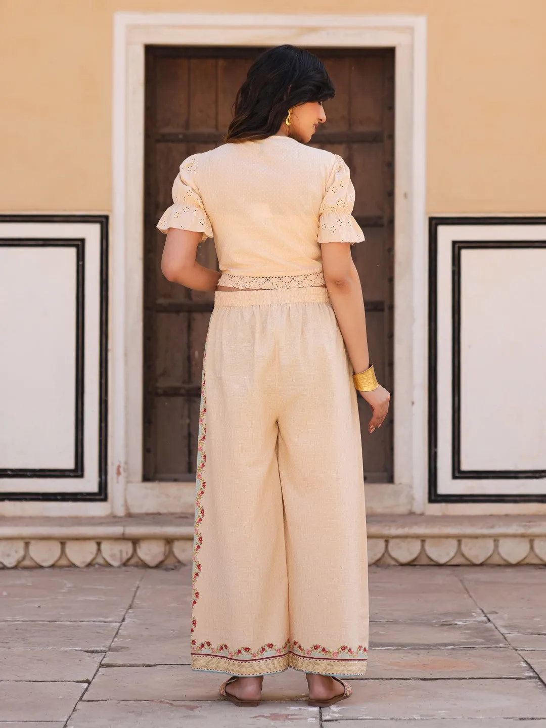 Juniper Beige Floral Printed Pure Cotton Crop Top & Pants With Thread Work Embroidery