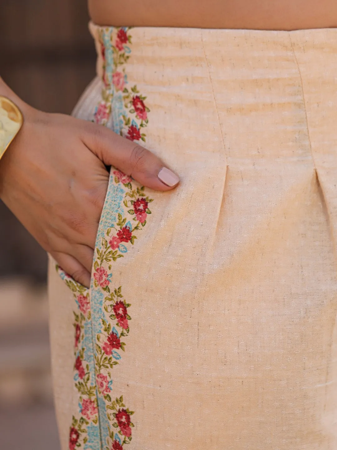 Juniper Beige Floral Printed Pure Cotton Crop Top & Pants With Thread Work Embroidery