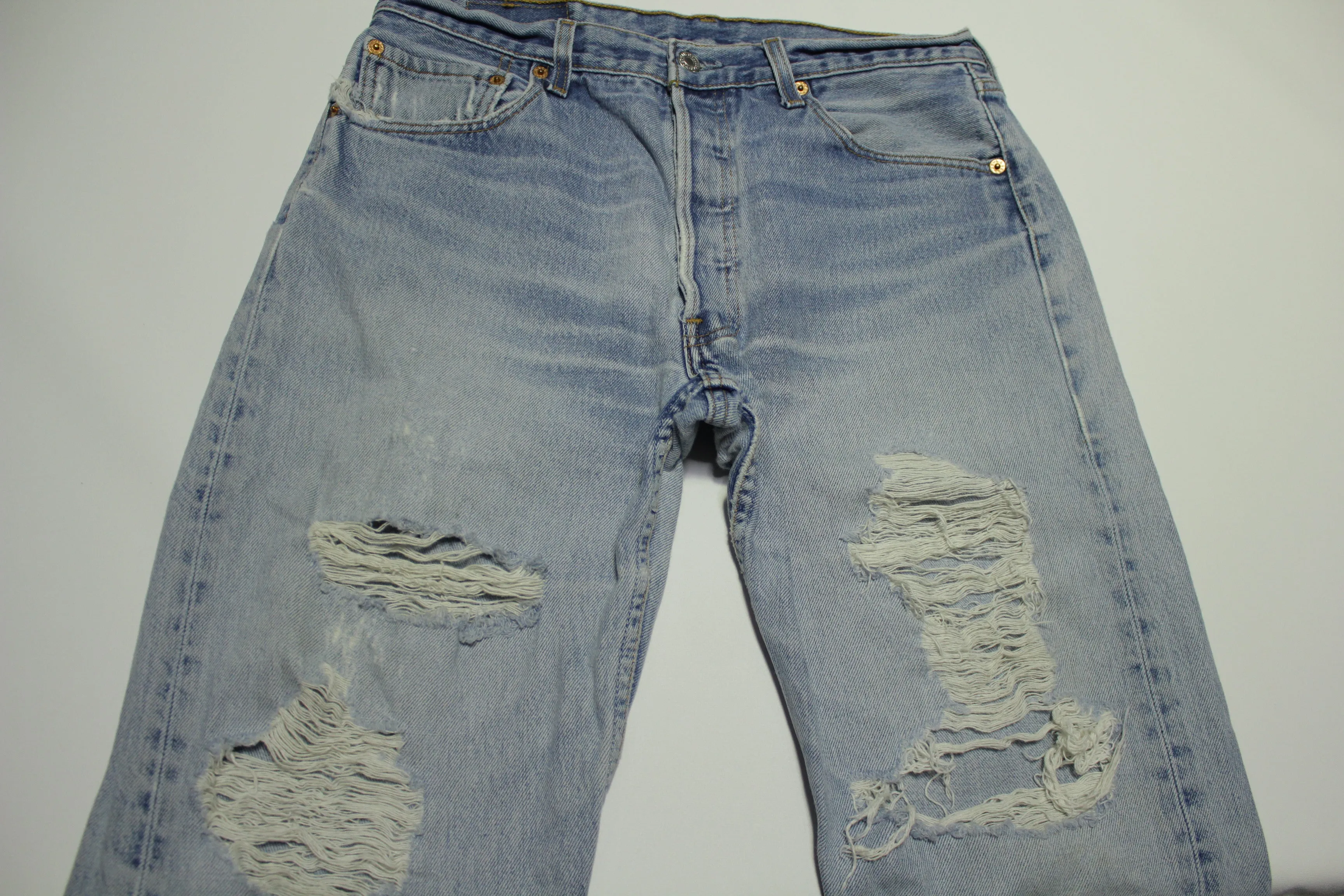 Levis 501 Heavily Distressed Button Fly Vintage 90's Denim Grunge Punk Red Tab Blue Jeans