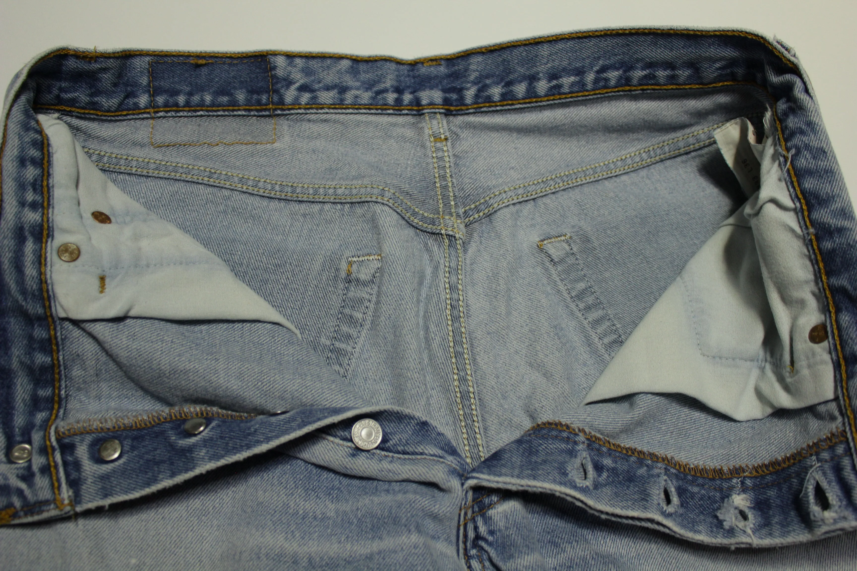 Levis 501 Heavily Distressed Button Fly Vintage 90's Denim Grunge Punk Red Tab Blue Jeans