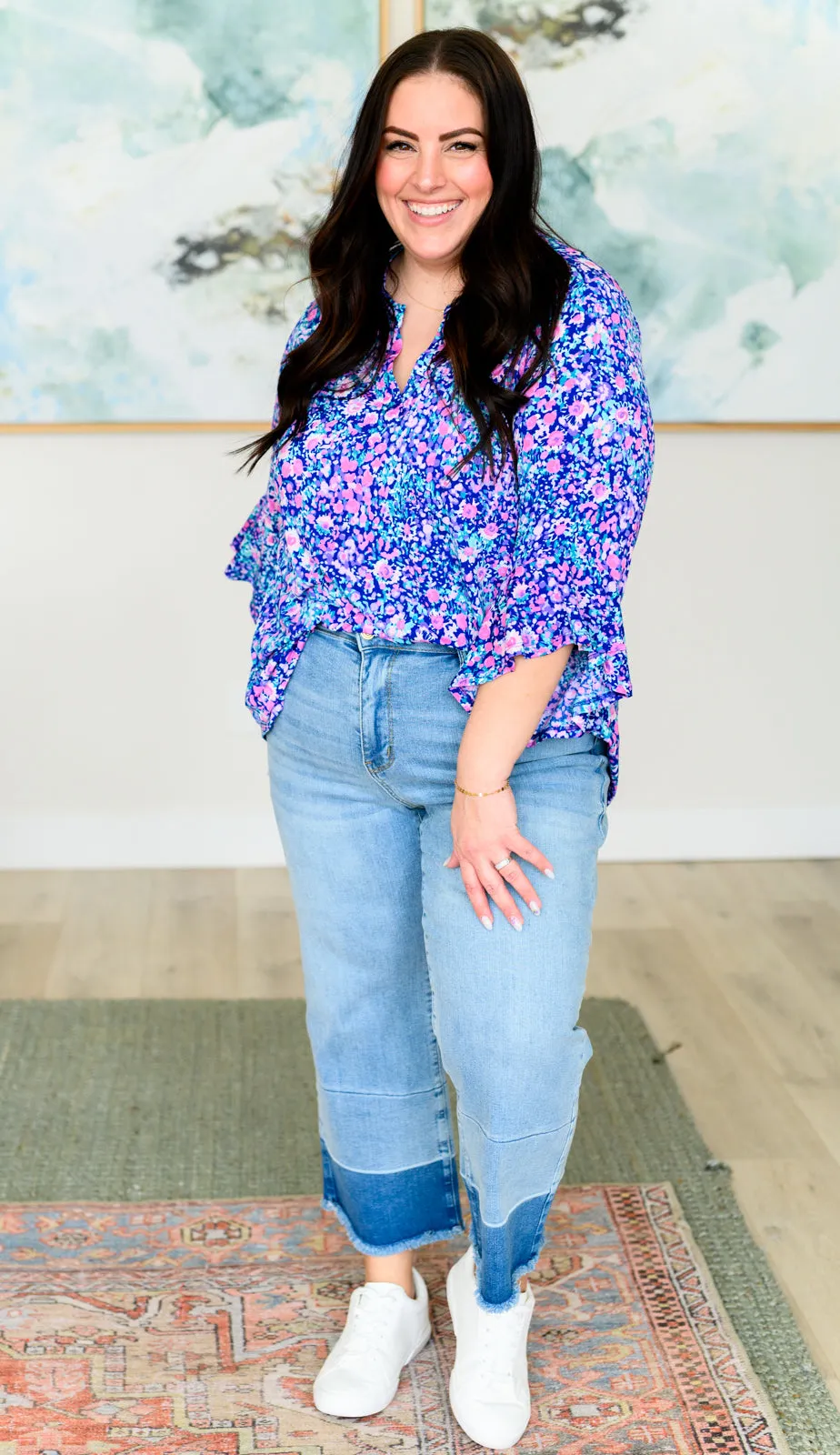 Lizzy Bell Sleeve Top in Navy and Pink Floral - 4/12