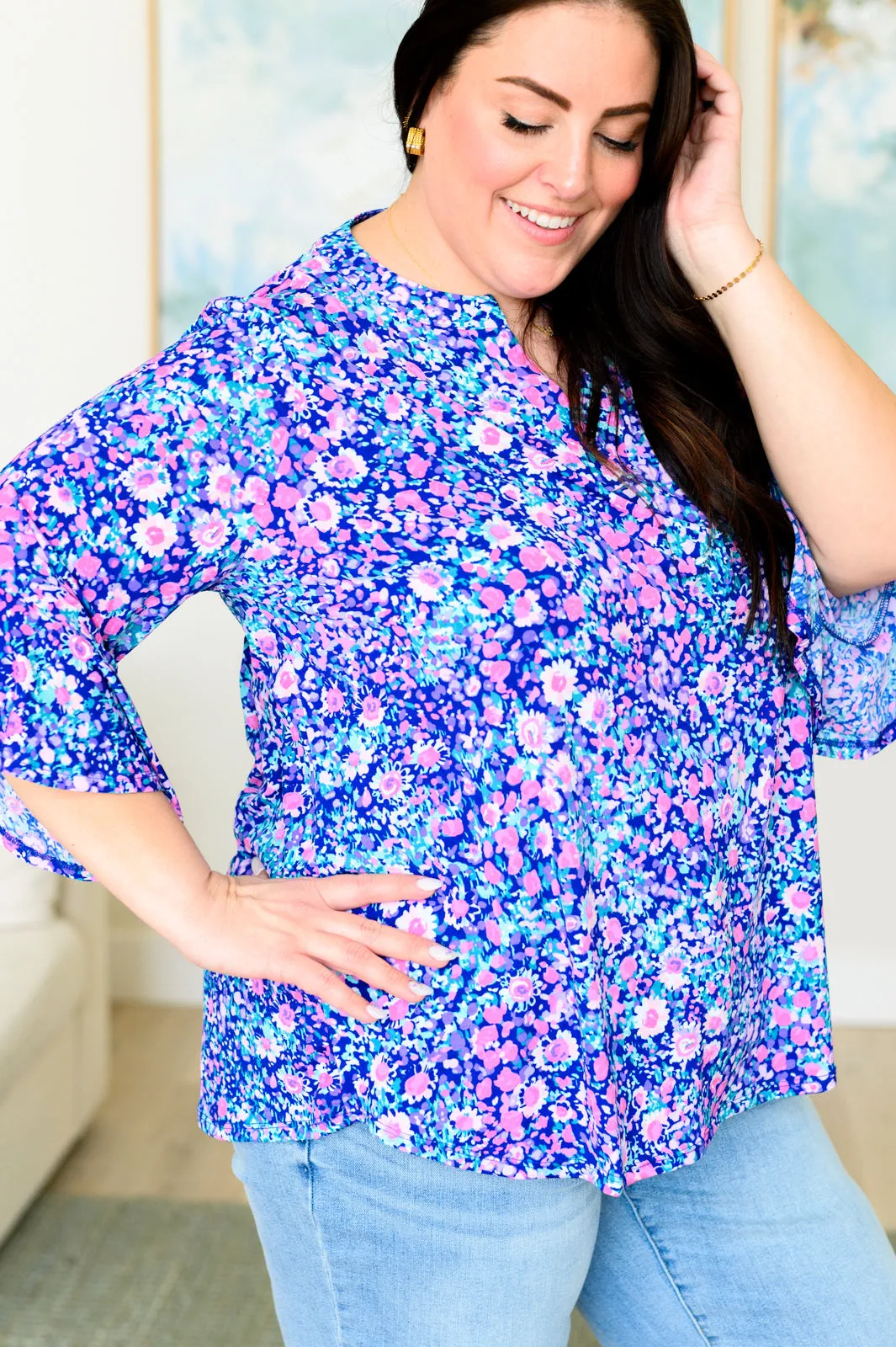 Lizzy Bell Sleeve Top in Navy and Pink Floral - 4/12