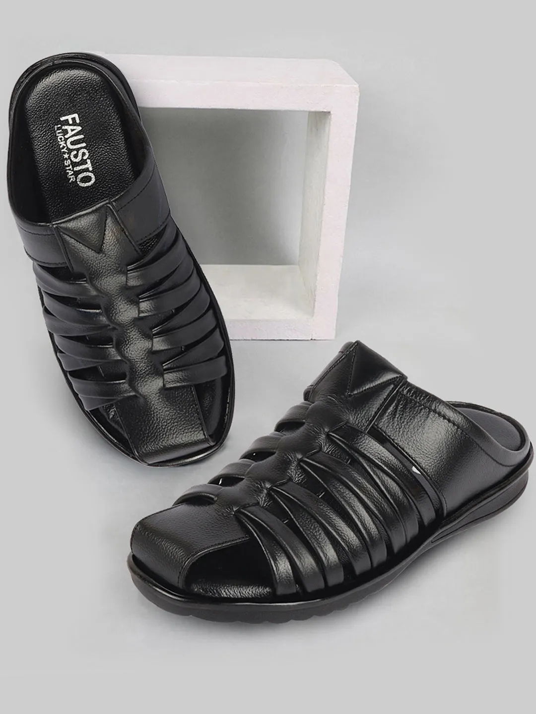 Men Black Genuine Leather Criss Cross Strap Back Open Slip On Dress Sandals