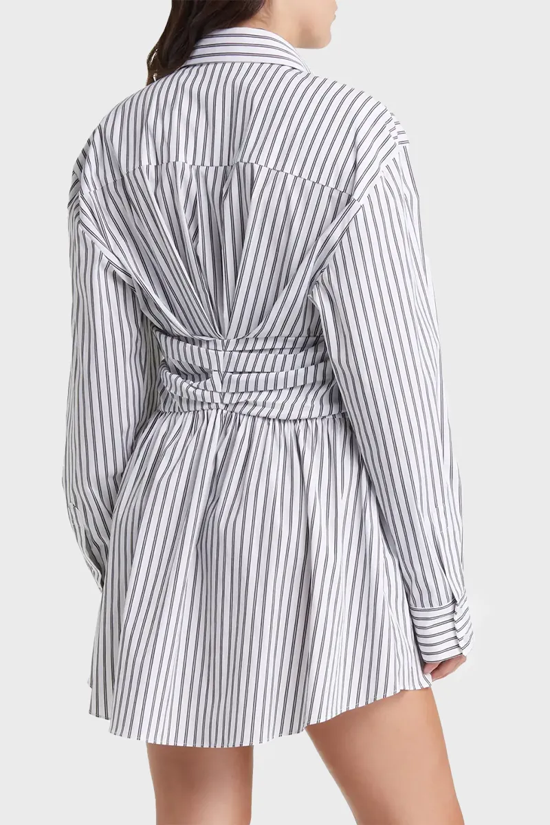 Moon River White Stripe Shirred Shirt Dress