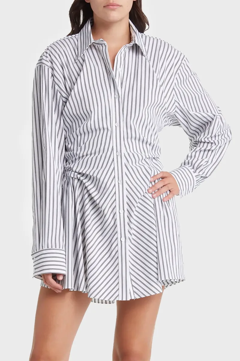 Moon River White Stripe Shirred Shirt Dress