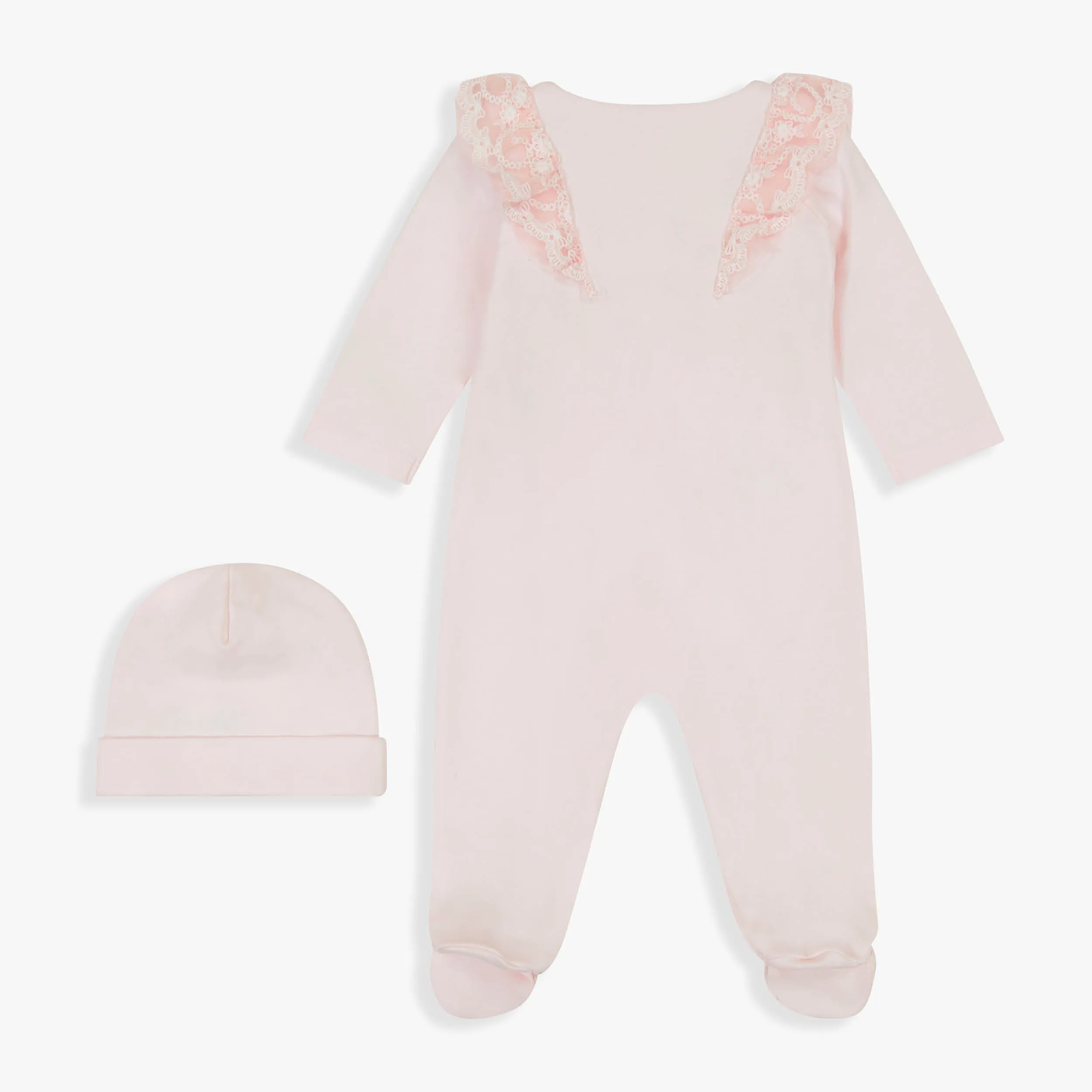 Pink Lace & Rosette Footie & Hat Set