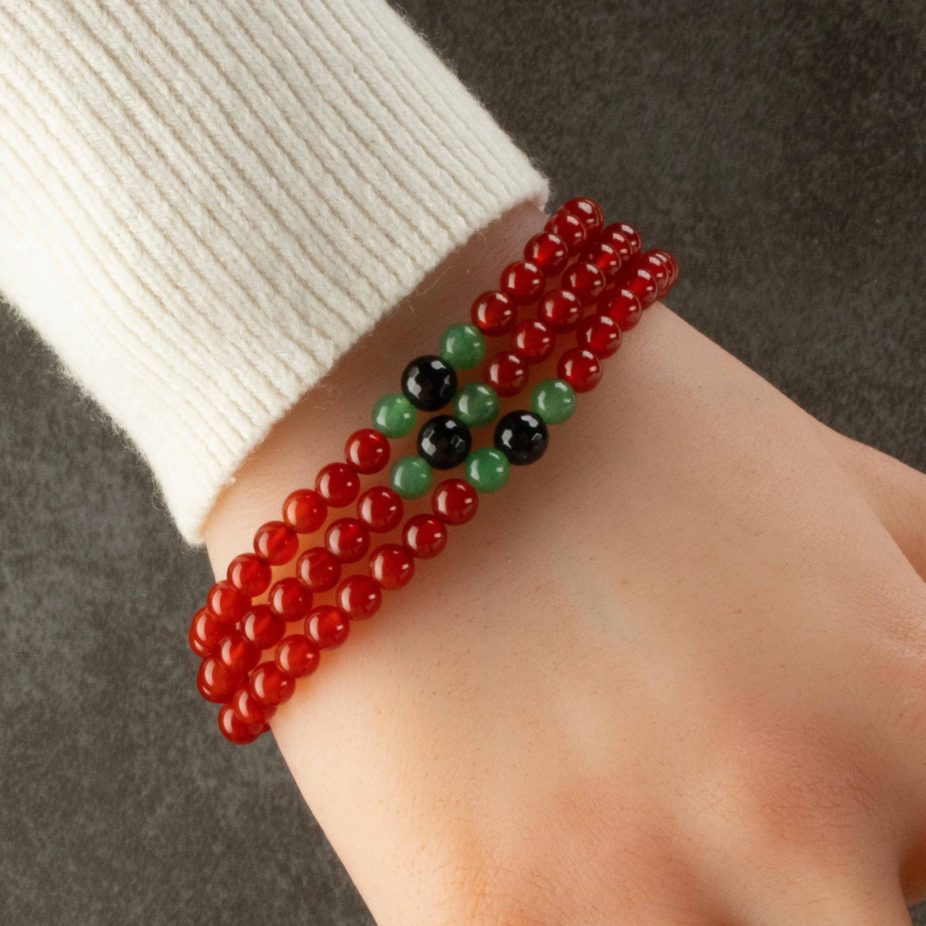 Red Agate 6mm Beads with Aventurine & Black Agate Accent Beads Triple Wrap Gemstone Elastic Bracelet