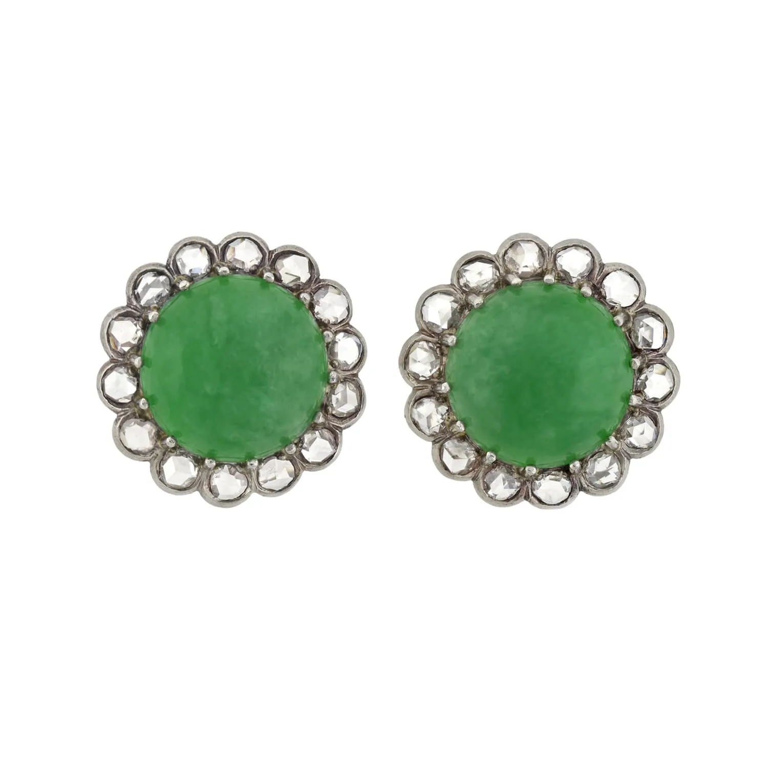 Retro Palladium Natural Untreated Jadeite Jade   Rose Cut Diamond Cluster Earrings