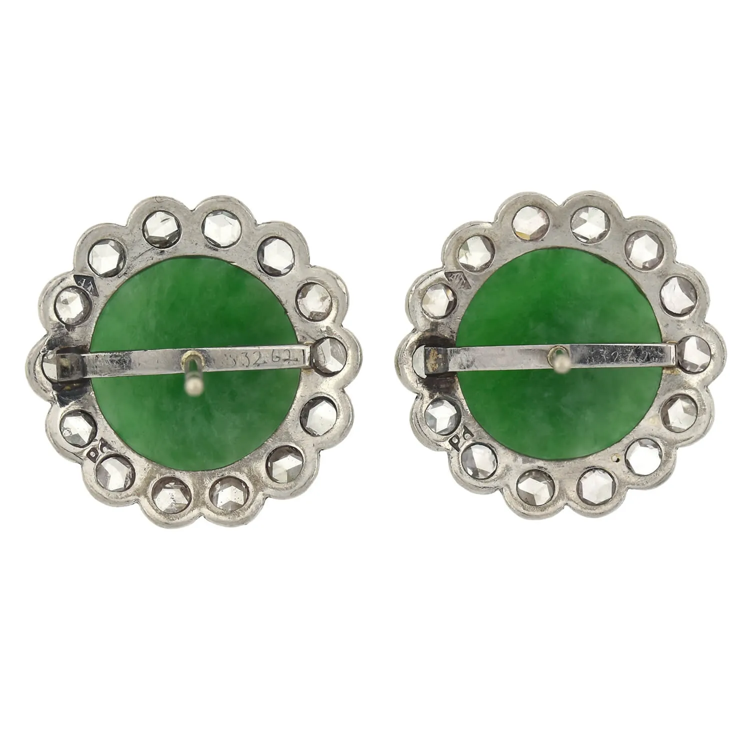 Retro Palladium Natural Untreated Jadeite Jade   Rose Cut Diamond Cluster Earrings