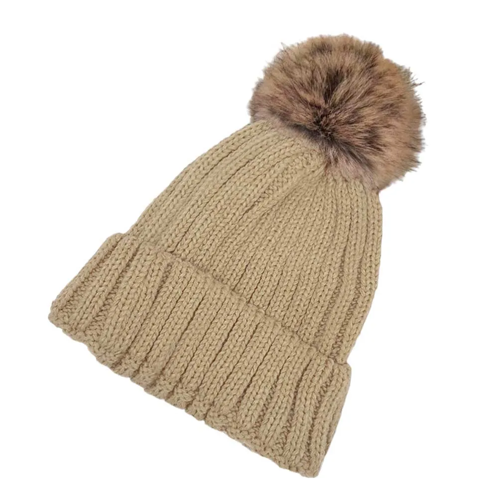 Solid Knit Faux Fur Pom Pom Beanie Hat