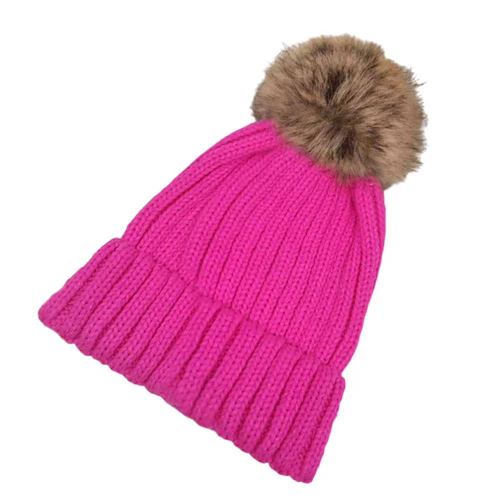 Solid Knit Faux Fur Pom Pom Beanie Hat