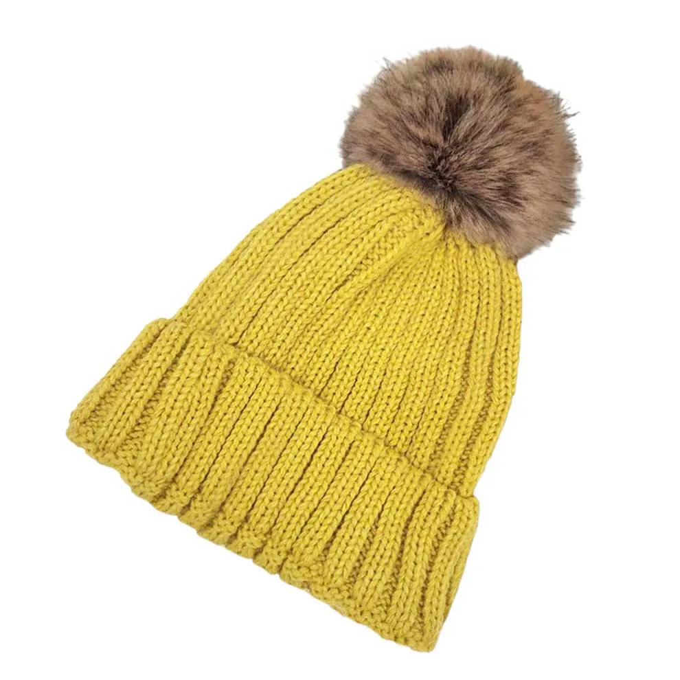 Solid Knit Faux Fur Pom Pom Beanie Hat