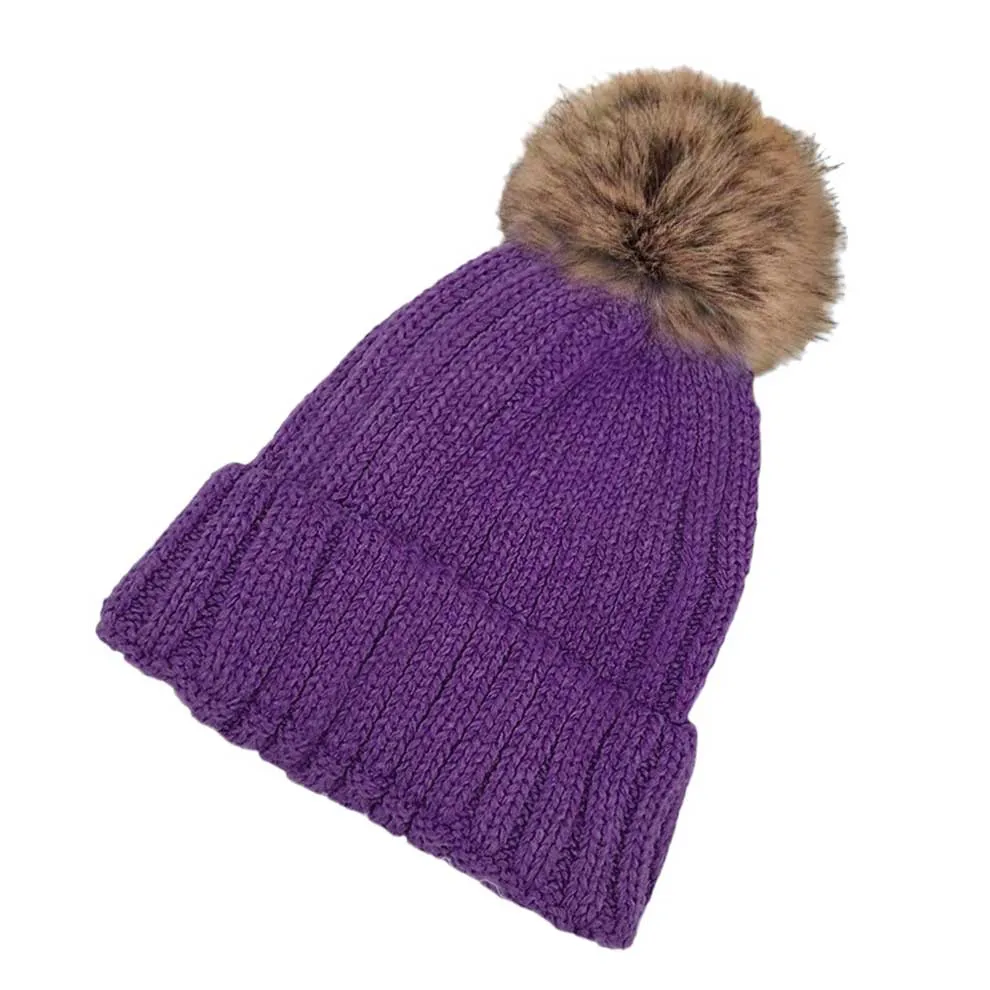 Solid Knit Faux Fur Pom Pom Beanie Hat