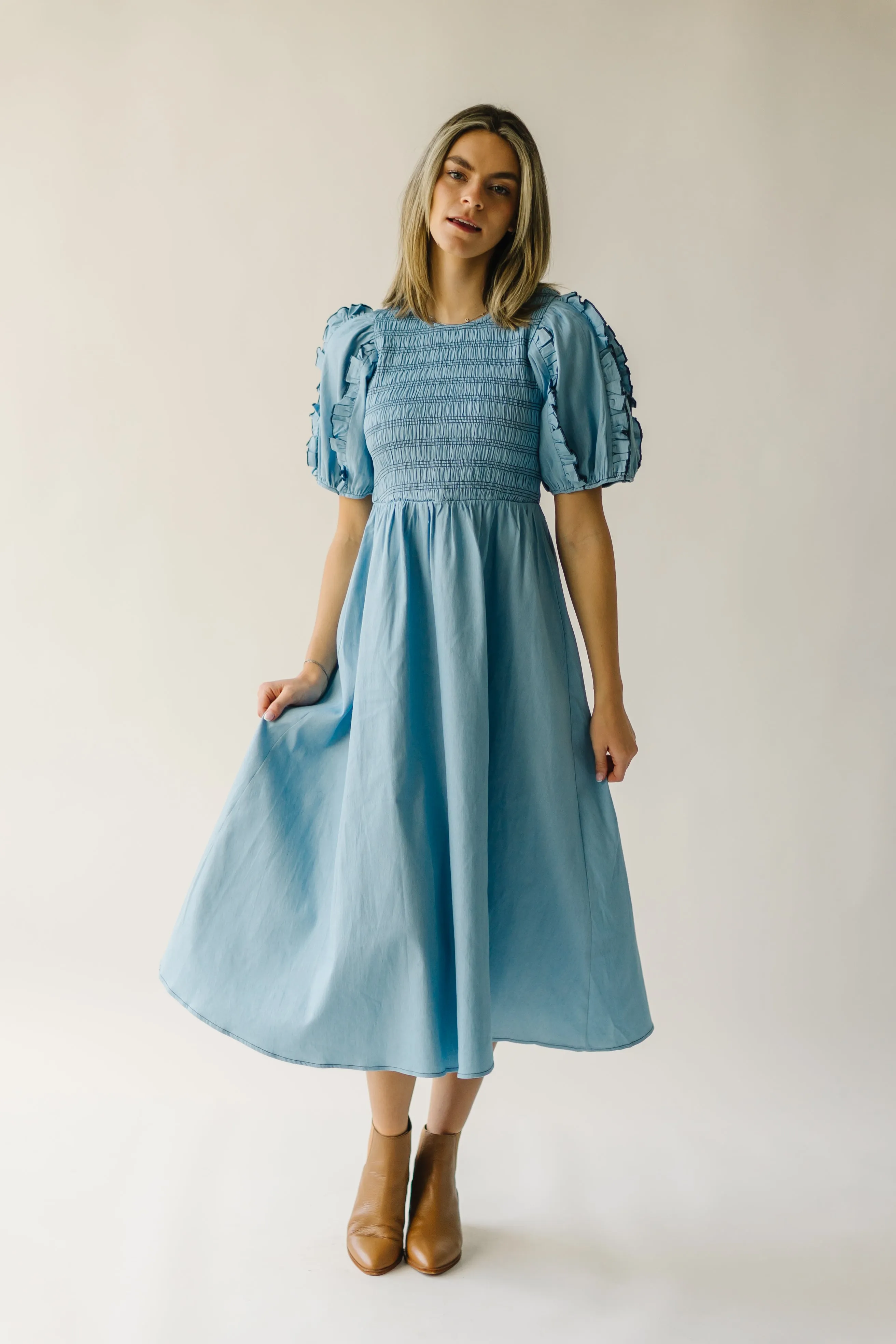 The Glenburn Smocked Detail Midi Dress in Light Denim