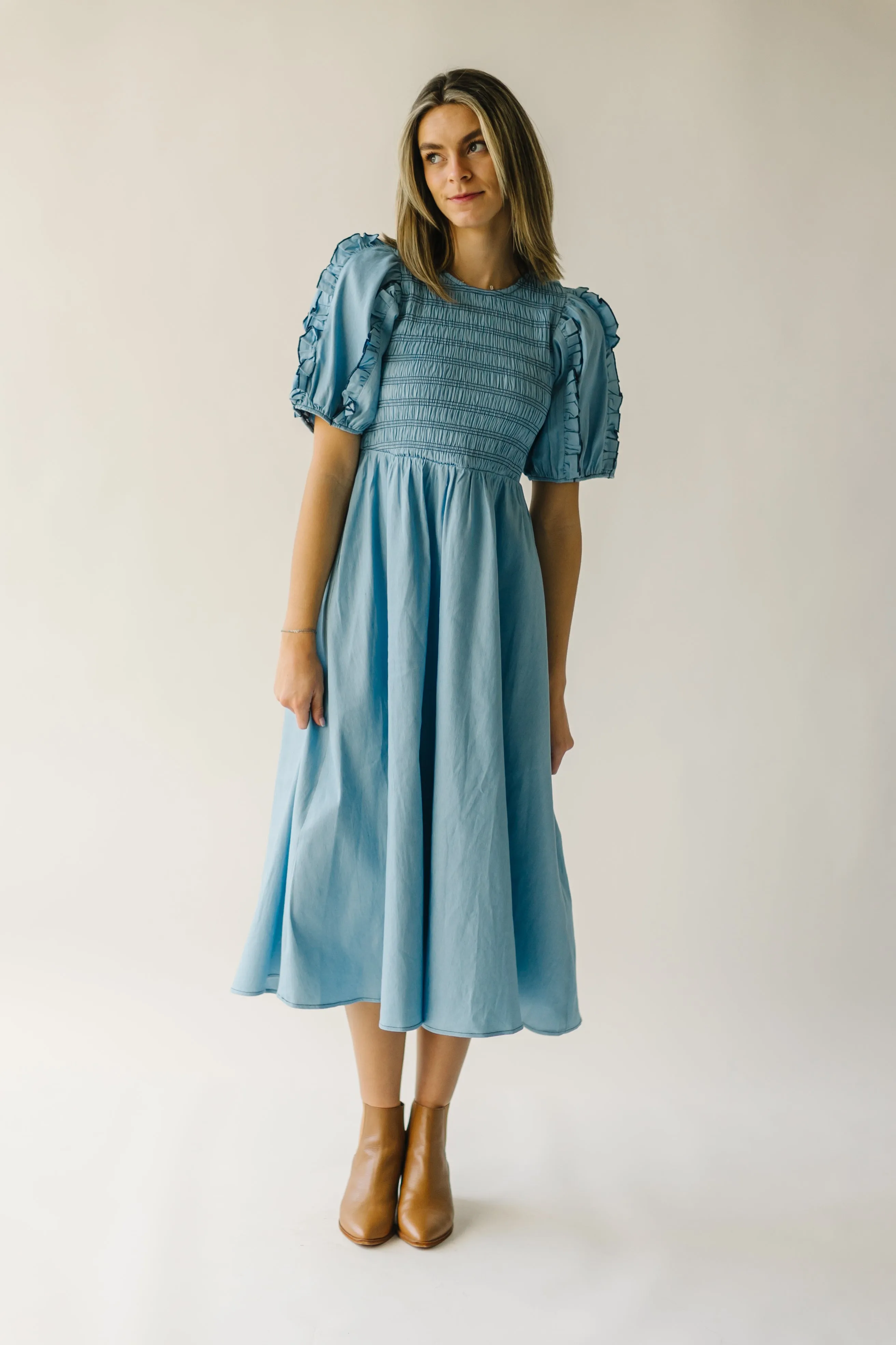 The Glenburn Smocked Detail Midi Dress in Light Denim