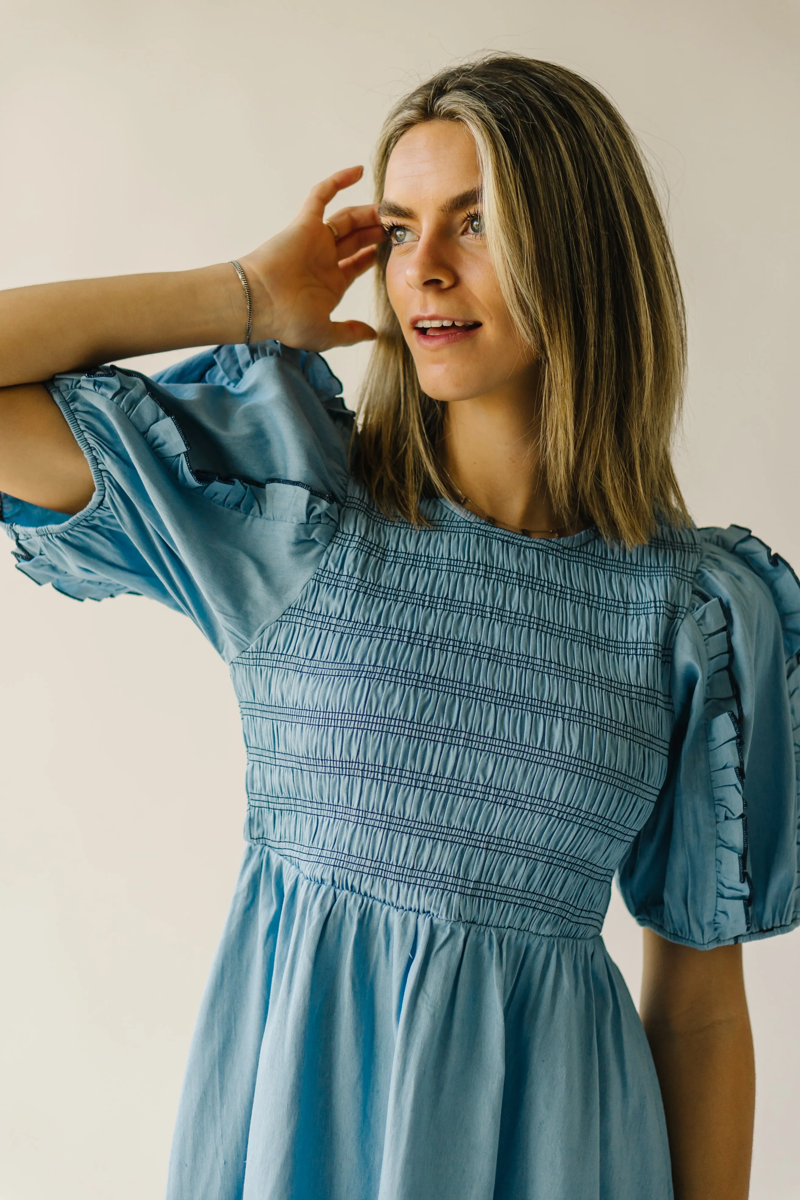 The Glenburn Smocked Detail Midi Dress in Light Denim