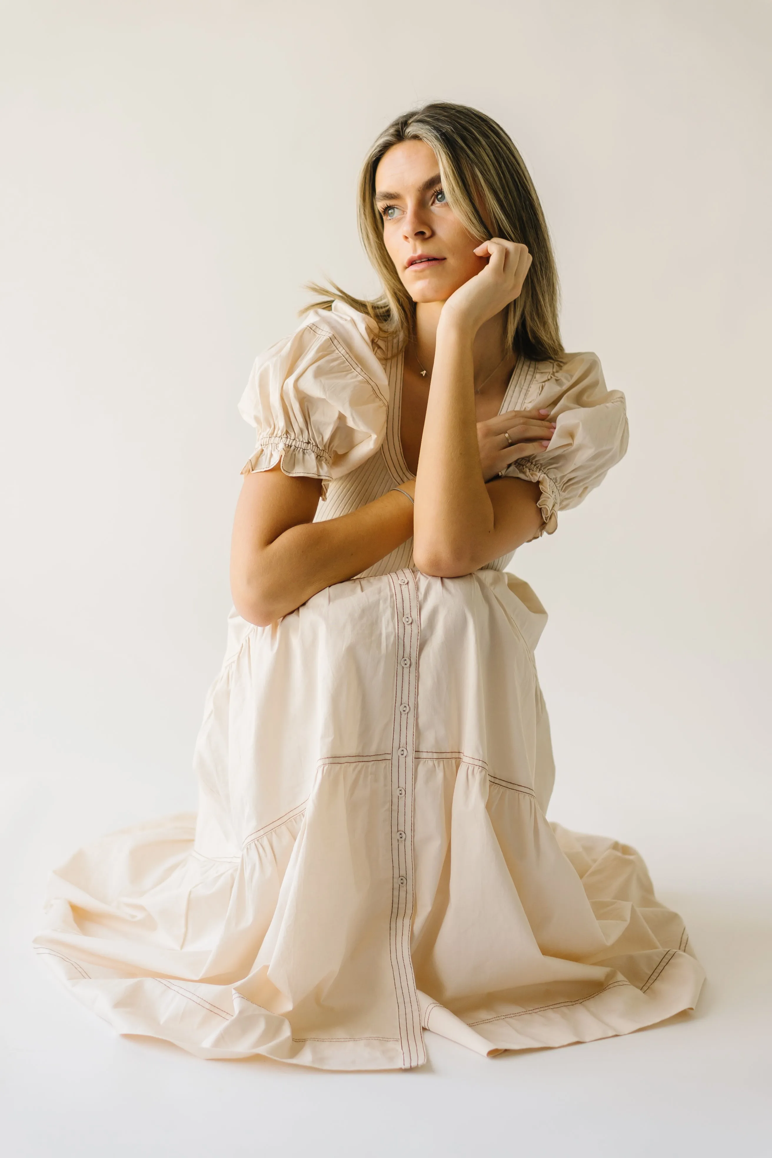 The Kora Tiered Ruffle Midi Dress in Natural