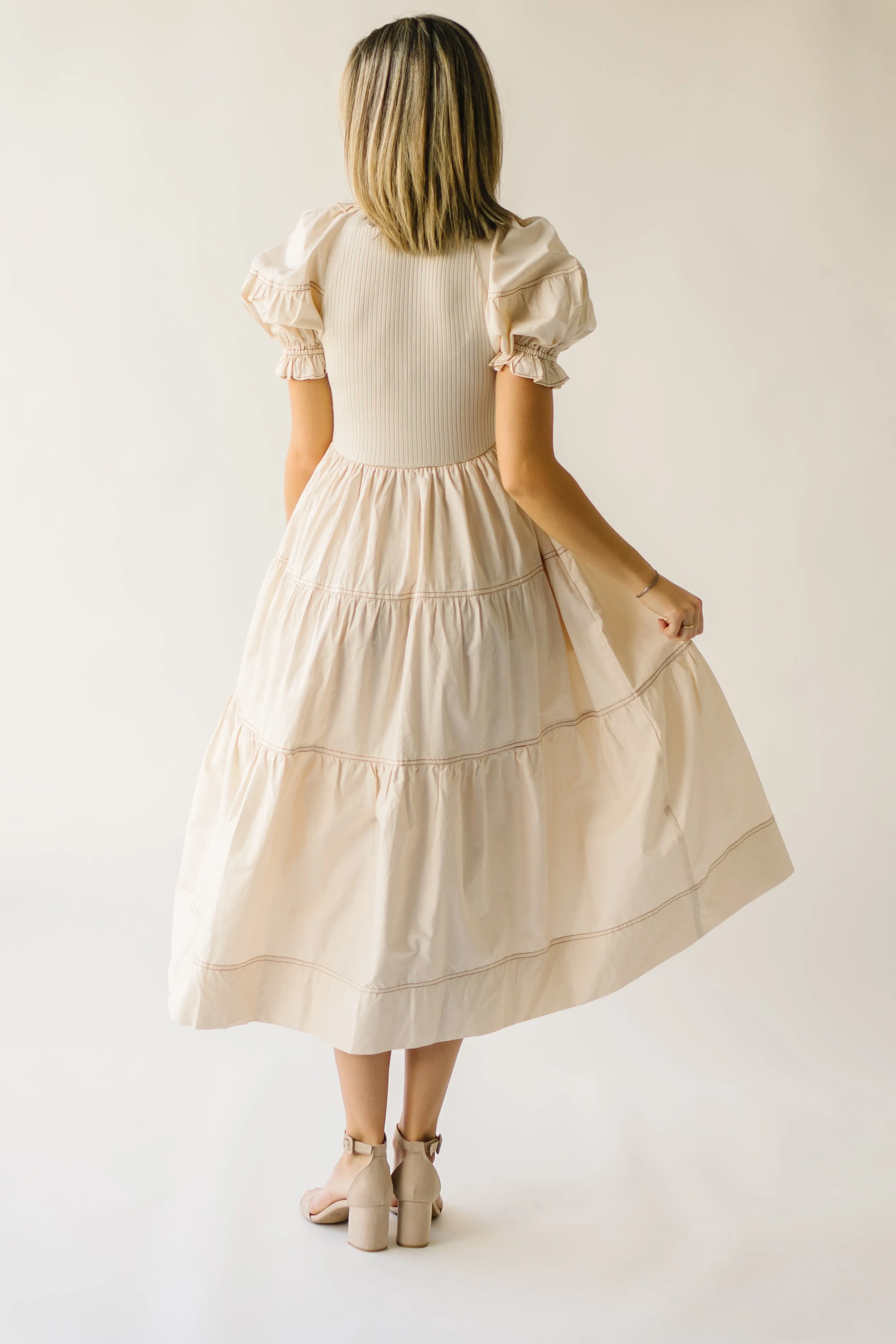 The Kora Tiered Ruffle Midi Dress in Natural