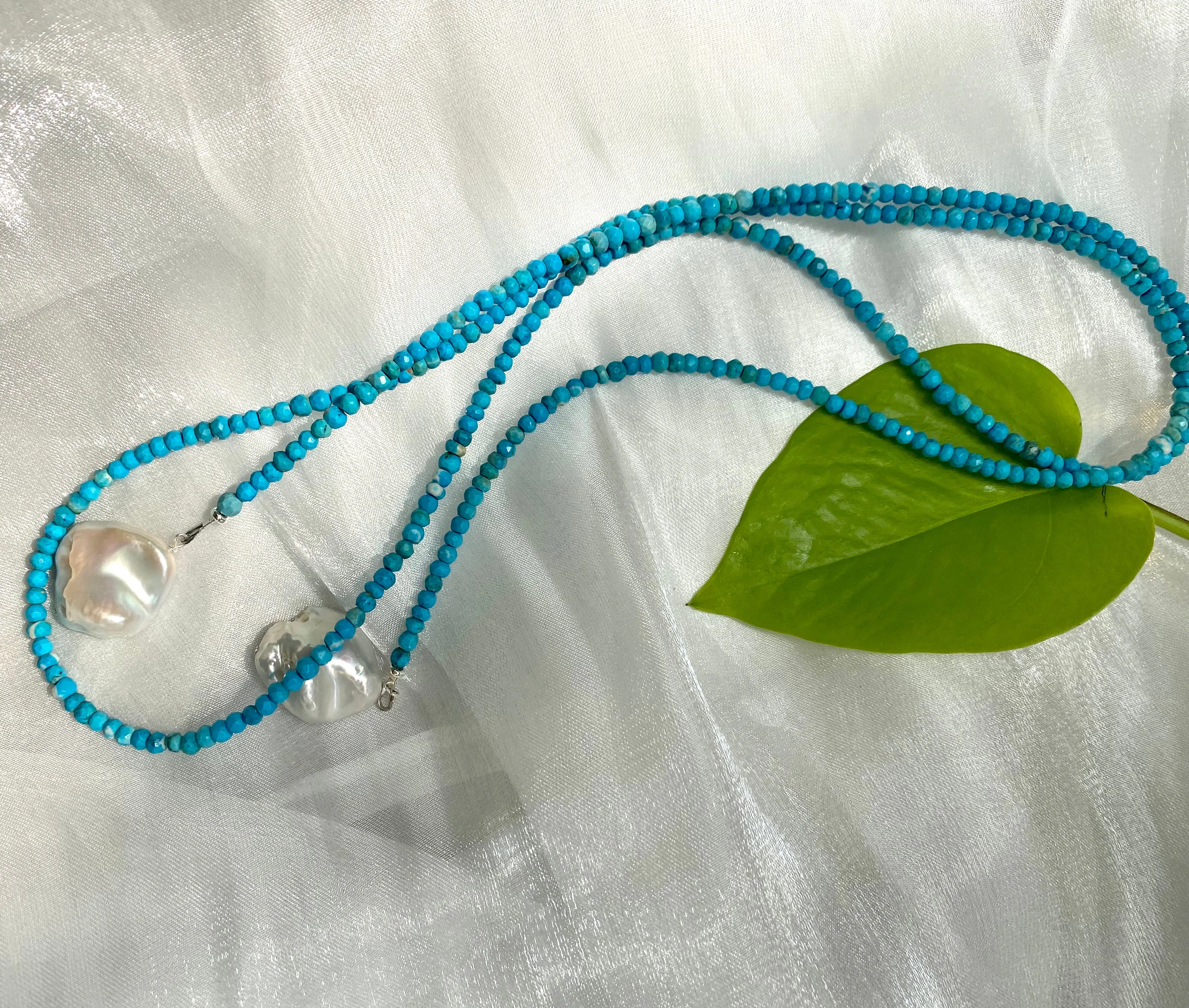 Turquoise Rondelle Beads & Two Baroque Pearls Lariat Wrap Necklace, Sterling Silver, December Birthstone 44inches